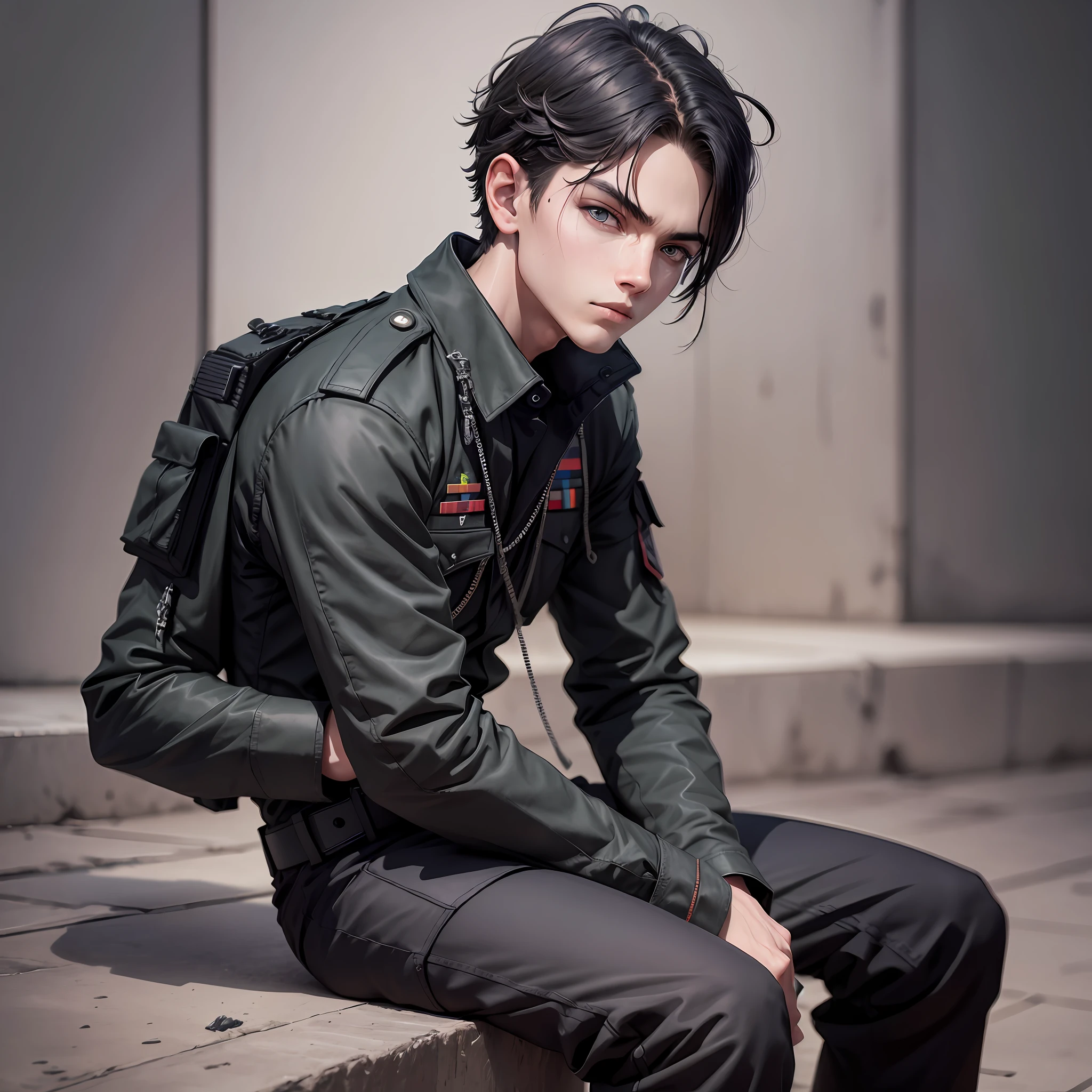 boy militar with black clothes, full body, have demon inside of his soul,demon face in his head, sitting with hands crossed, fotografia ultra realista cinematogáfica - --auto --s2