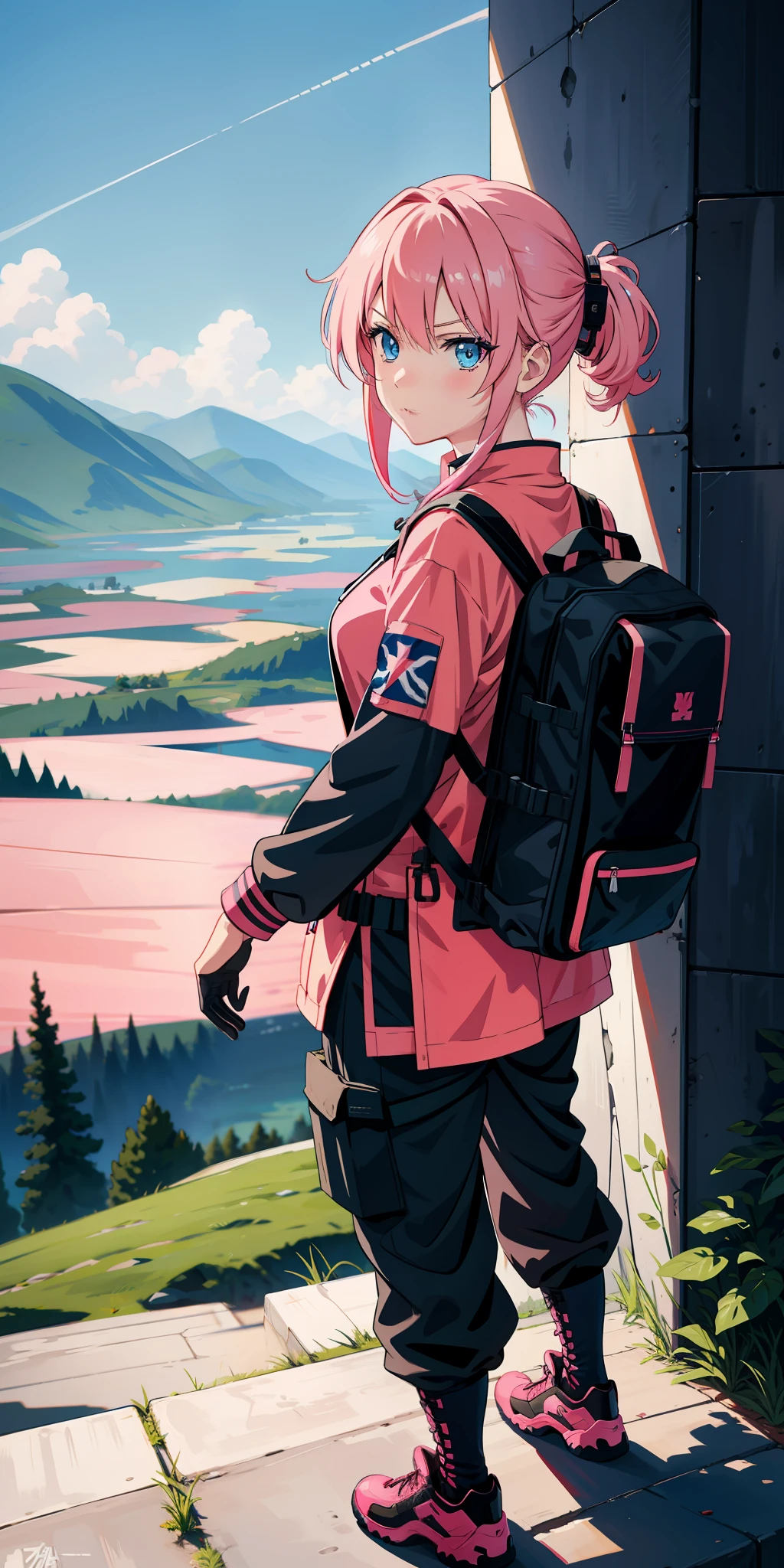 Anime girl with pink hair, military outfit, military pants, serious look, blue eyes, tactical backpack, light background, beautiful landscape