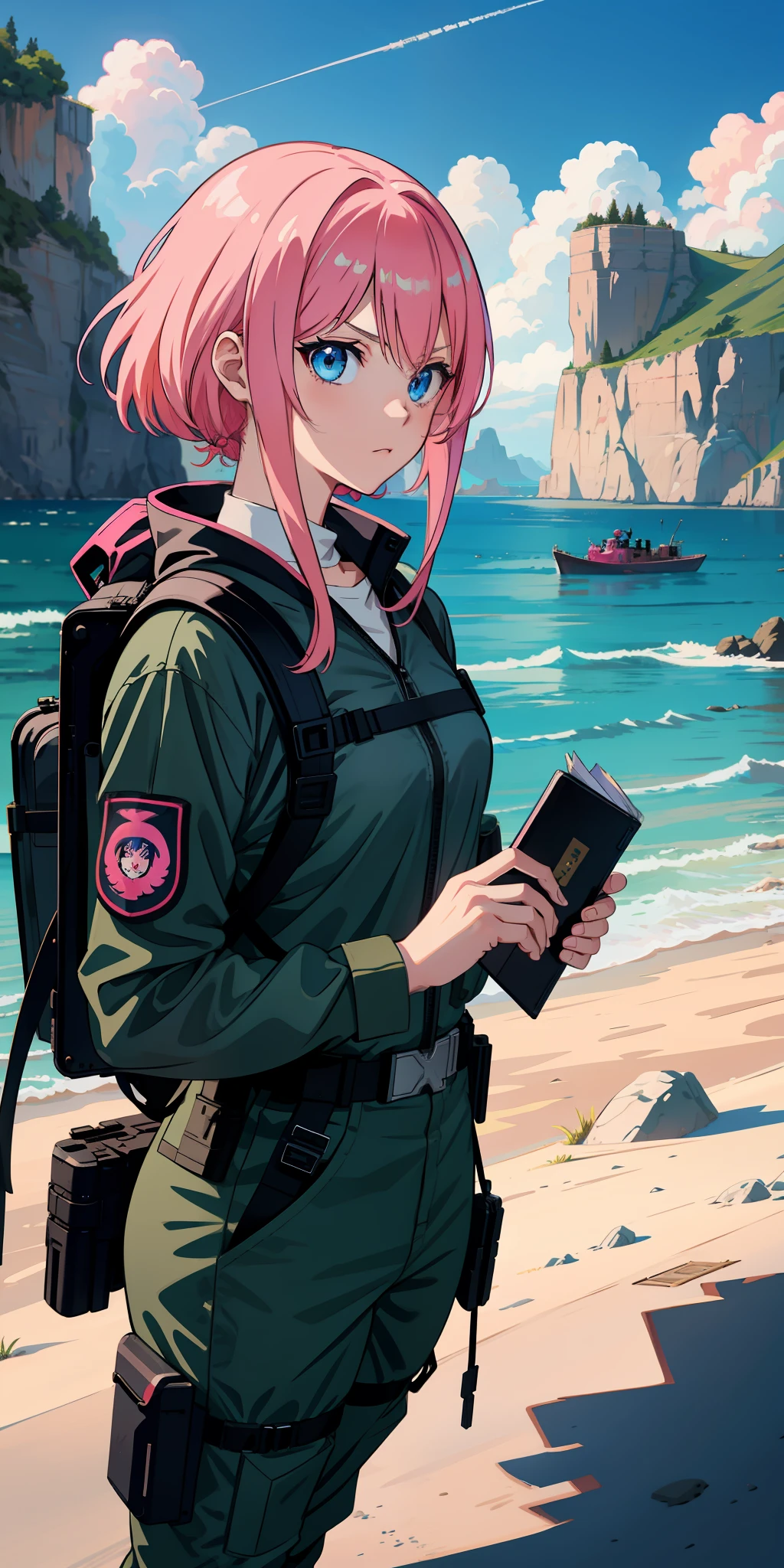 Anime girl with pink hair, military outfit, military pants, serious look, blue eyes, tactical backpack, light background, beautiful landscape