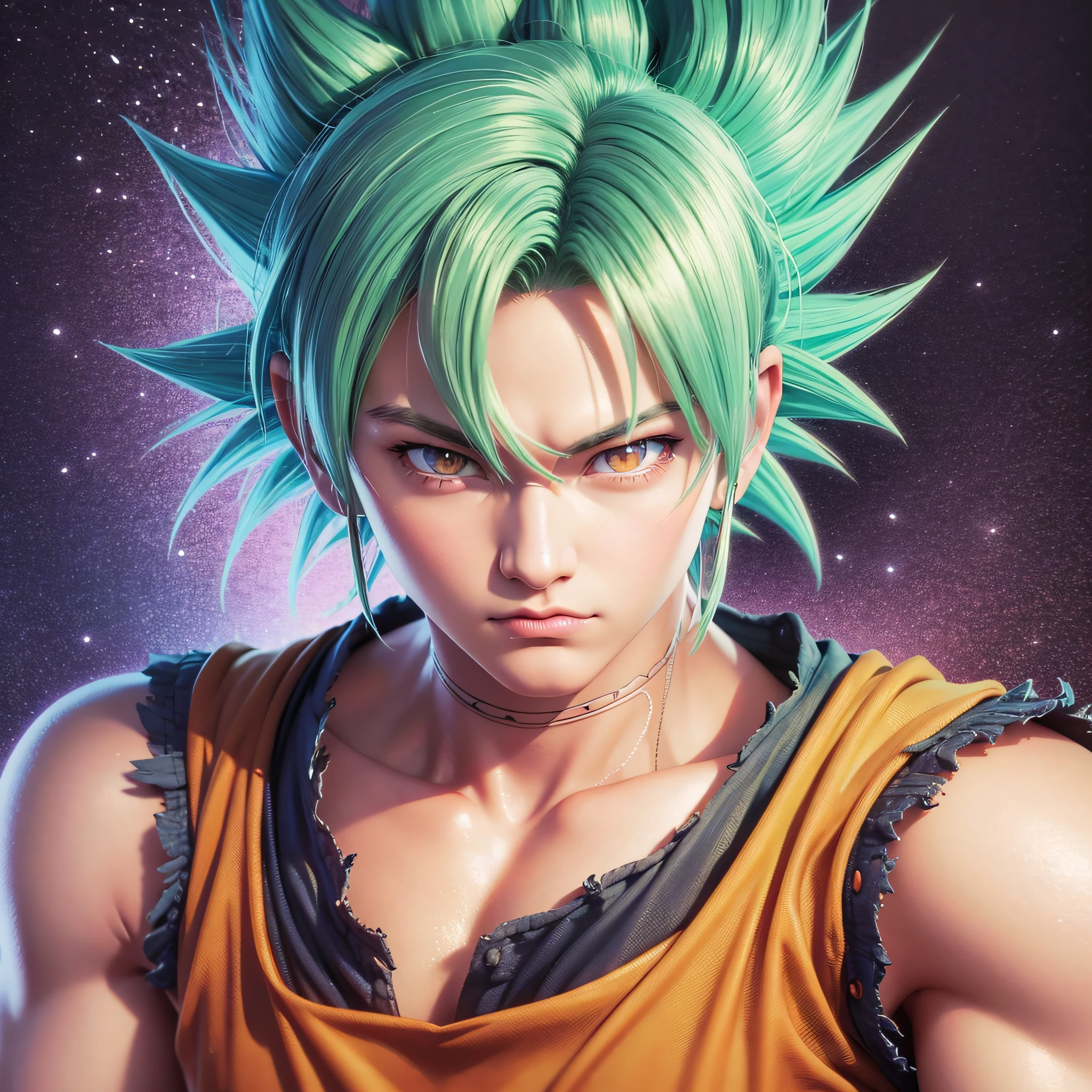 A closeup of a man, half body up, 20 years old, Goku Super saiyan 5 photorealistic, highly detailed portrait of Goku Super saiyan 5, highly detailed character, portrait of Goku Super saiyan 5, portrait of Goku Super saiyan 5, iconic character of high detail, 8K portrait rendering, detailed anime character art,  8K 3D rendering character art, detailed digital anime art, 8K high quality detailed art --auto --s2