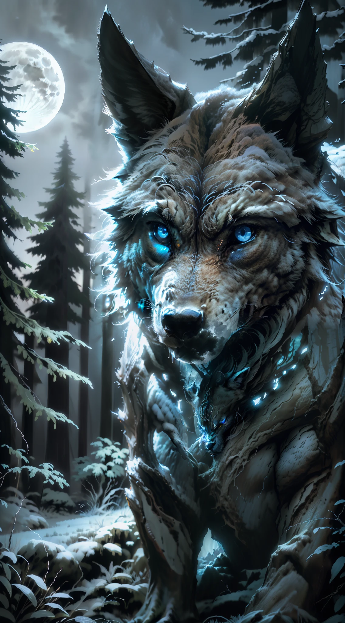 (4k, HDR, image focus) Pack of wolves, colored "black, white, blue". Night forest" open forest", full moon in the background. Wolf hunter (photorealistic)