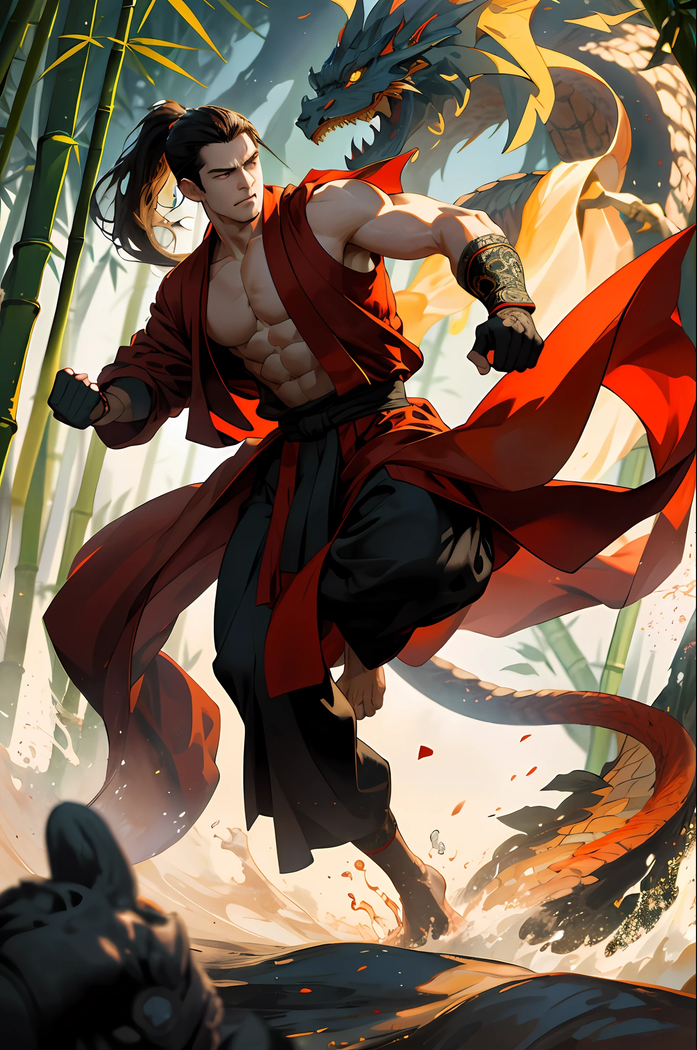 (Absurd, intricate details, masterpiece, best quality, high resolution, 8k), 1 male, mature, handsome, tall muscular man, broad shoulders, ponytail hair, dark brown eyes, fine eyes and detailed face, behind him is a huge water element, (style swirl magic: 0.7), (full body: 0.6), (Chinese fantasy theme: 1.1), hair fluttering in the wind, martial artist, dynamic pose, combat stance, clenched fists, fingerless gloves, wristbands, dragon-themed costumes, monk robes, Bamboo forest in background, rotating floating particles, dynamic composition, mysterious oriental medieval atmosphere, depth of field, visual effects.