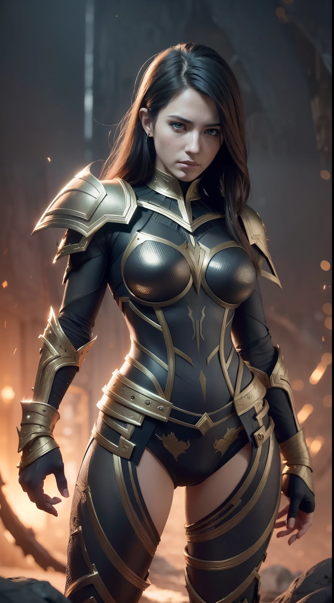 One (full body: 1.3) shot with 8k resolution, splash art, fantastic comic book style, photorealistic, intense visual, anatomical portrait of photorealistic digital painting of a (Woman 30 years: 1.3) human (warrior: 1.3) in intricate black and gold (heavy armor: 1.3) in one (dark and temperamental universe: 1.3), particle of light, very detailed skin, very detailed eyes, (Elden Ring style: 1.3), (Warhammer style: 1.1), conceptual artist, global lighting, depth of field, splash art, art by Artgerm and Greg Rutkowski and Viktoria Gavrilenko