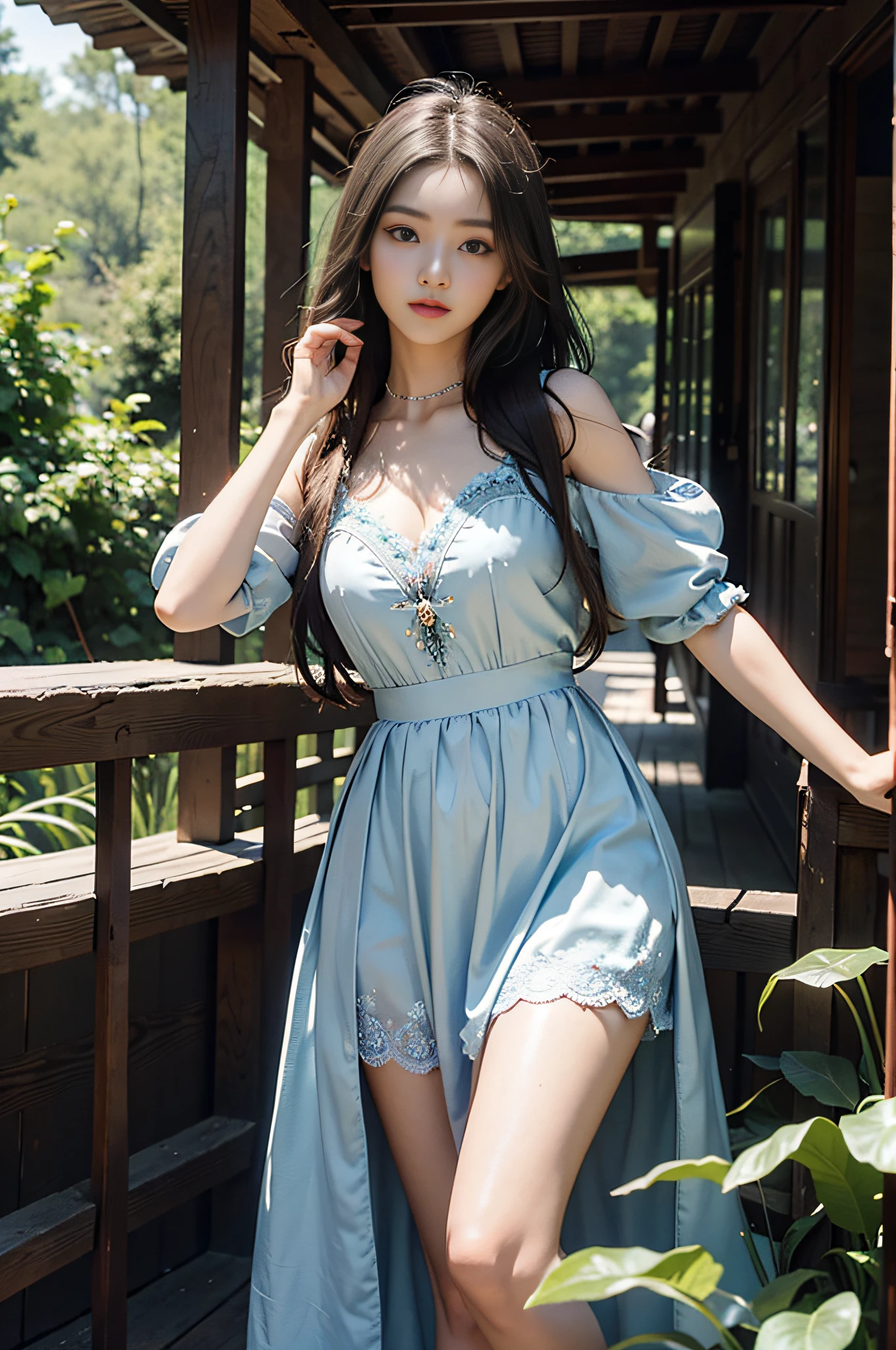 A young girl, her long hair fell to her waist like a waterfall, and her collarbone was faintly visible like jade. Her eyebrows are picturesque, her eyes are bright and infectious. Wearing a light blue long dress, like the first appearance of the morning sun, light and leisurely. The skirt is embroidered with some fairy patterns, which makes people feel a deep admiration and yearning from the bottom of their hearts. Master work, 8K HD