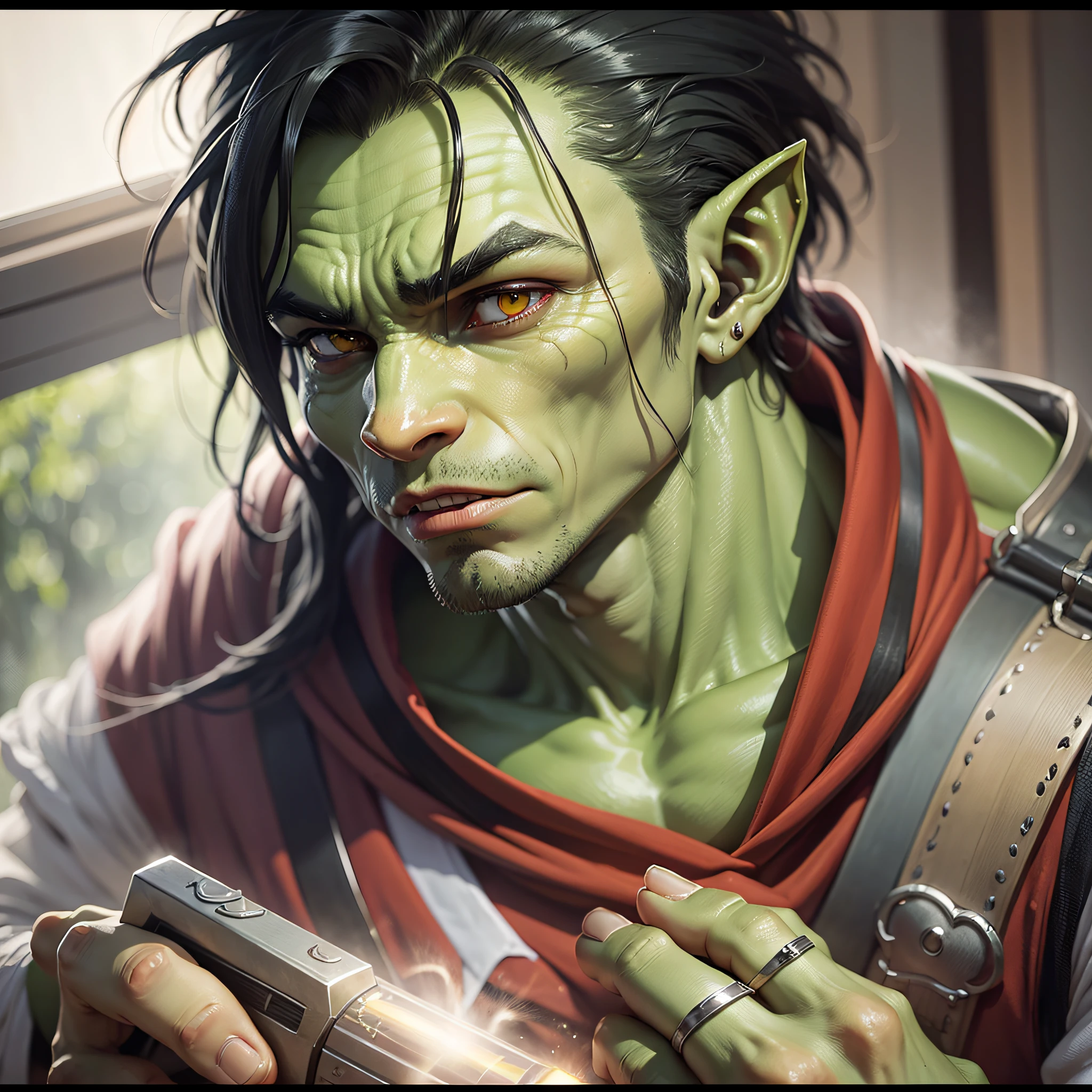 Make a Orc. He is a adolescente from the 1700s. 18 years old. He is thin, very thin, and have a long messy black hair that reaches below the shoulder. Curious look in the eyes. He has very light green skin. Canine teeth sticking out of mouth. He is wearing red and gold tailoring, such as red suit and tie. He is formal, a student of college. He like study. He is a disciplined, obedient, calm, serene, peaceful, good, and friendly orc. He is in a old university. (Realistic), (Best Quality), (Highly Detailed), (Motion Blur), (Chromatic Aberration), (Glowing Light), (God Rays), (Ray Tracing), (Reflection Light), (backlighting), (bloom), (close-up), (Eye-Level Shot), (Sony FE), (dynamic angle: 1.0), (background detailed), (Full Body Shot: 1), (Sony FE GM), (UHD), (16k, high quality), (super detail), (high details), (HD), (Dramatic), (He has green skin, very light green), (Pointless fangs sticking out of mouth) (disciplined, obedient, calm, serene, peaceful, good, and friendly orc) --auto --s2