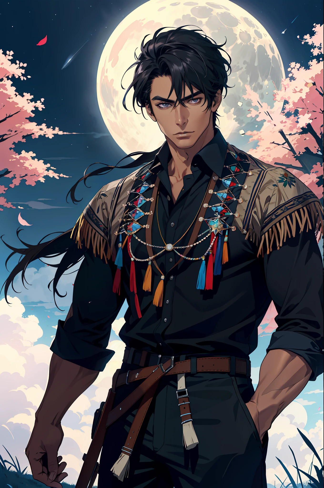 (absurd, highres, ultra detailed), 1 male, native, indigenous, Lakota, adult, handsome, high muscular face, broad shoulders, finely detailed eyes and detailed face, fantasy, night, dark theme, cinematic lighting, colorful, portrait, flying petal, flowery meadow, overcast sky, construction, moon, light, Dutch angle, cowboy shooting