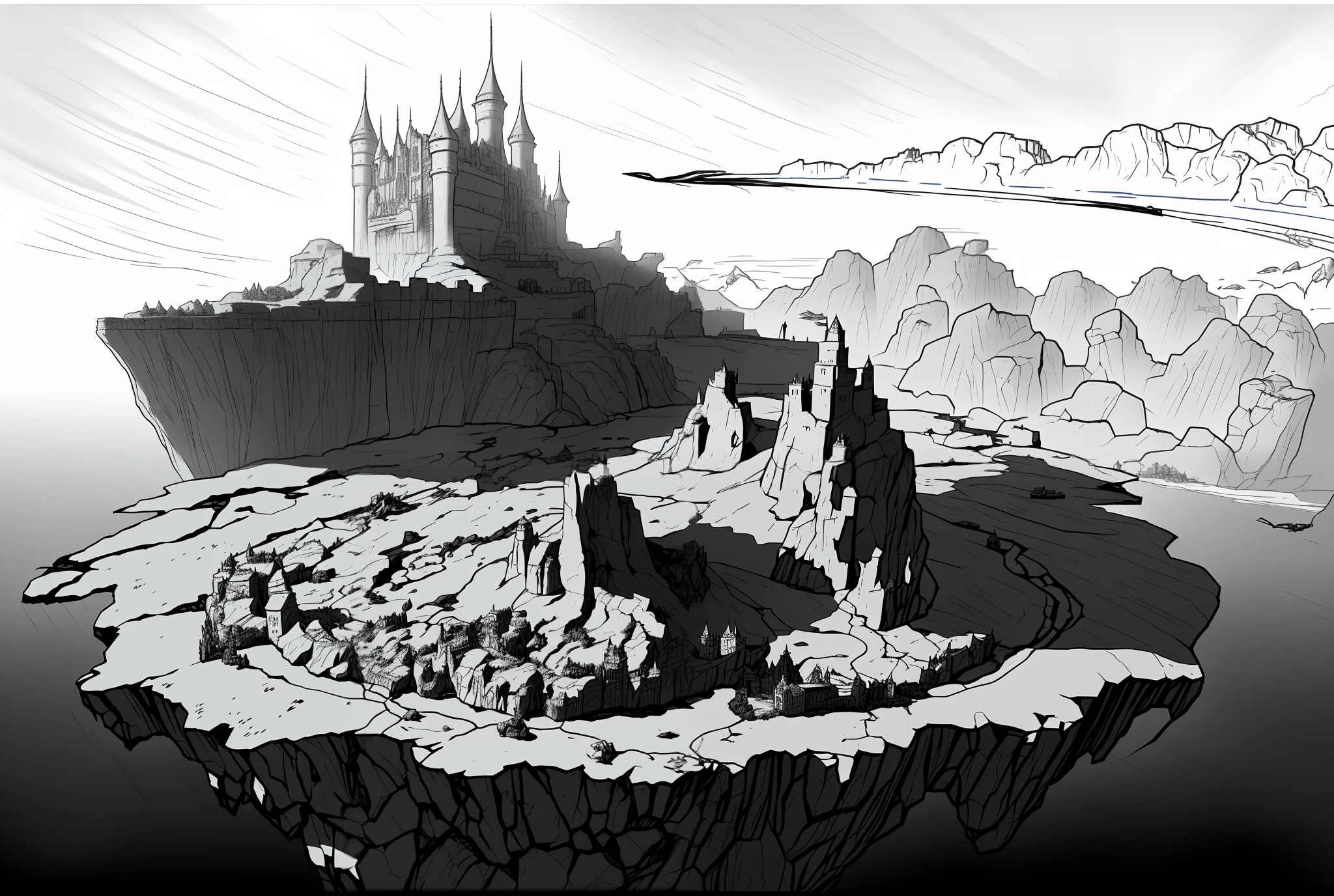 a drawing of a castle on a cliff with a river below, final fantasy vll world concept, inspired by Franklin Booth, lan mcque, of pathfinder, inspired by Winsor McCay, jean giraud 8k, concept piece, concept world art, inspired by jean moebius giraud, D&D fantasy setting, large and structured city of Valhalla, white tones, black and gray