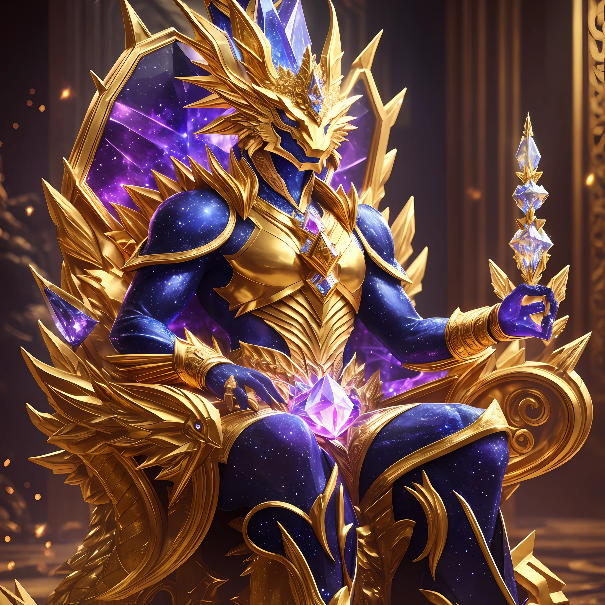 Crystal dragon with cosmic power in his hands, sitting on a solid gold throne, ultra realistic photography, cinematic, Unreal Engine 5 --auto --s2