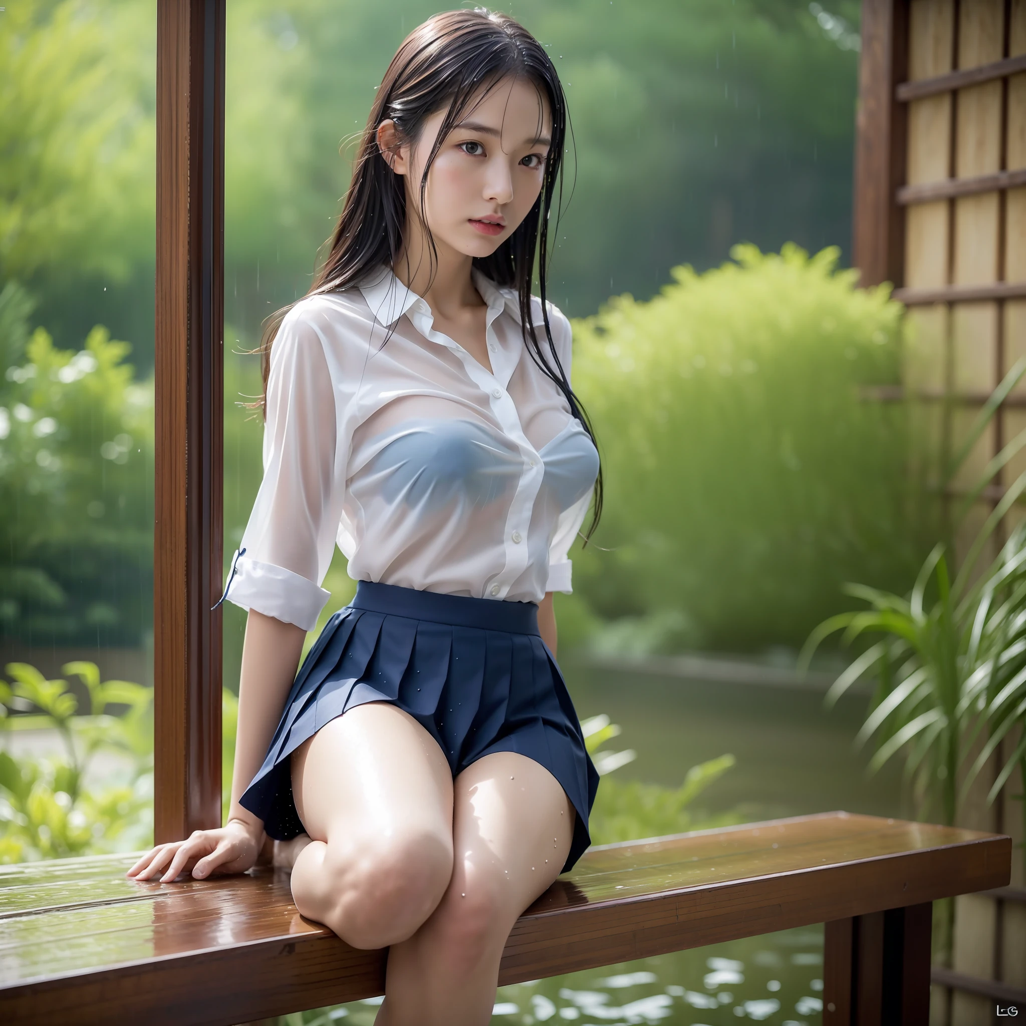 insanely Beautiful 15yr old japanese seductive female, , Beautiful fece, blush , ,lob hair, school uniform, thin-blouse ,navy Skirt ,,slender body, skinny body,hourgrass body ,slim waist,slim limb,slim hips,pale skin,at outdoor bench,rainy day,,wet sheer clothes,wet,wet body,wet skin,, soaked,soaking wet , natural lighting,clean detailed faces,, photo realistic, depth of field, clean image, Beautiful eyes,high quality, high detail, high definition, Luminous Studio graphics engine,Unreal Engine5, HDR,master-piece,beautiful huge tits ,Transparent under wear,,,,,,,,sitting,