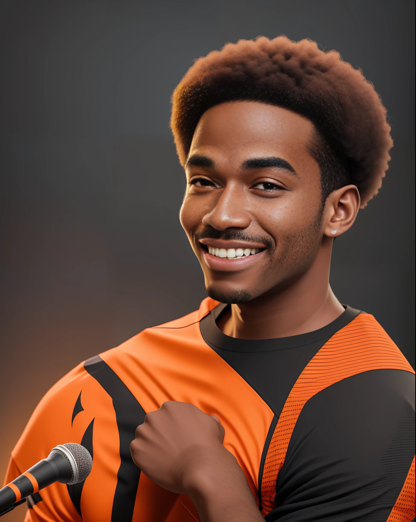Black man wearing a shirt of a team called FutInformei pumpkin color and black, ultra realistic, using a microphone, smiling --auto --s2