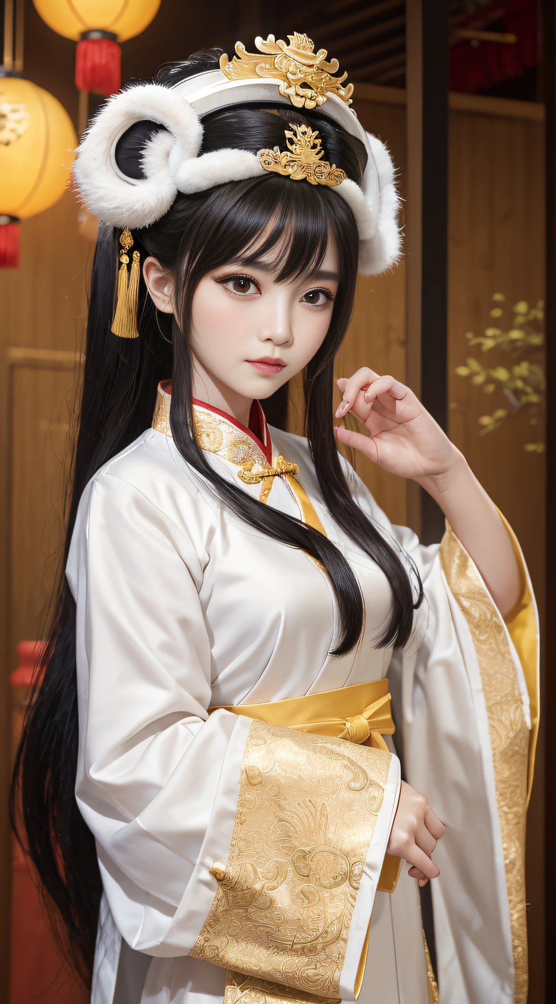 Masterpiece, RAW, 1girl, A beautiful and delicate face, white Hanfu, Hands raised in the lion dance, Fine texture of clothes, Make a super-detailed lion dance head, Large protruding eyes and a hint of clear whiskers, Black-gold lion