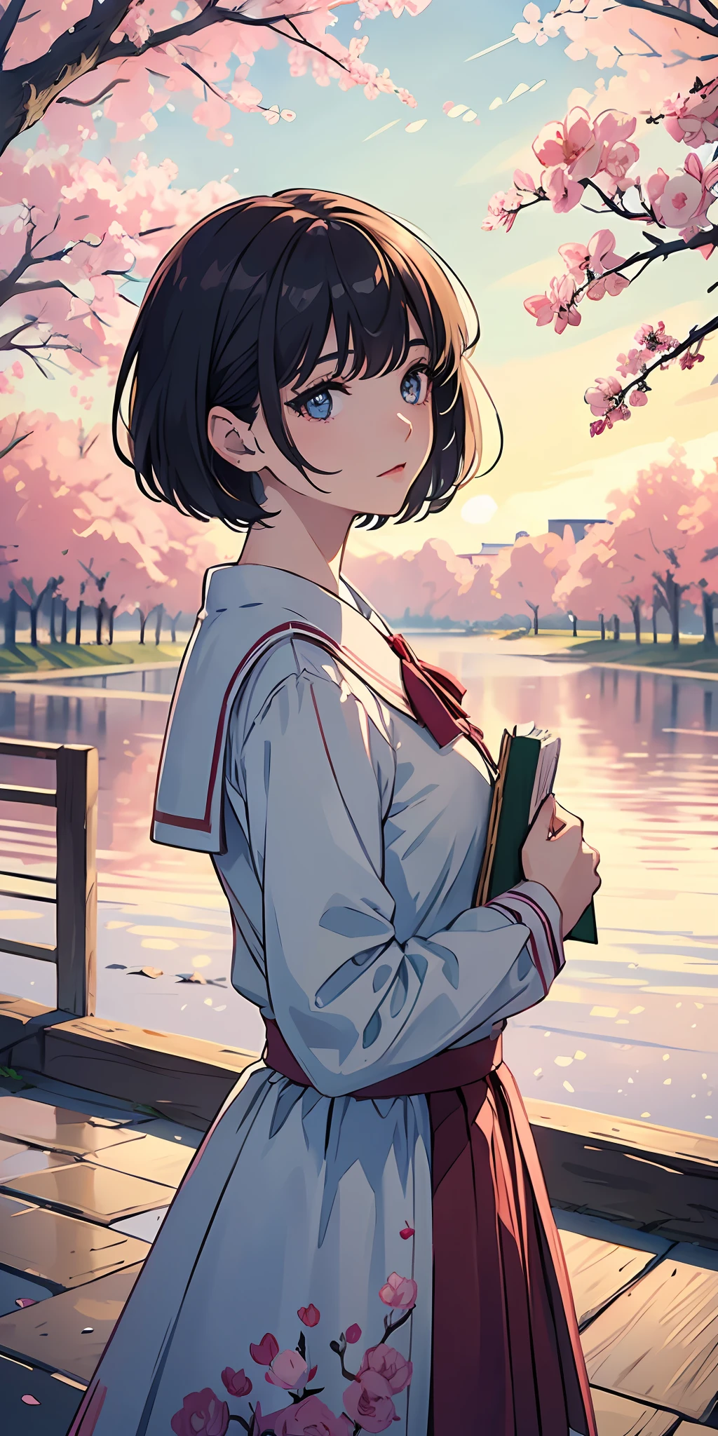 (8k best quality, masterpiece:1.2), (impeccable illustration desinger), (eye details:1.2), (delicate face and features), (extremely detailed background scenery 8k CG wallpaper), cinematic and artistic tones, soft and subtle pastel colors, in a beautiful environment and with rose petals flying with the Sakura tree wind, 1pretty girl with short hair stuck and with bangs,  wearing a school uniform, in an artistic and three-dimensional cinematic lighting.