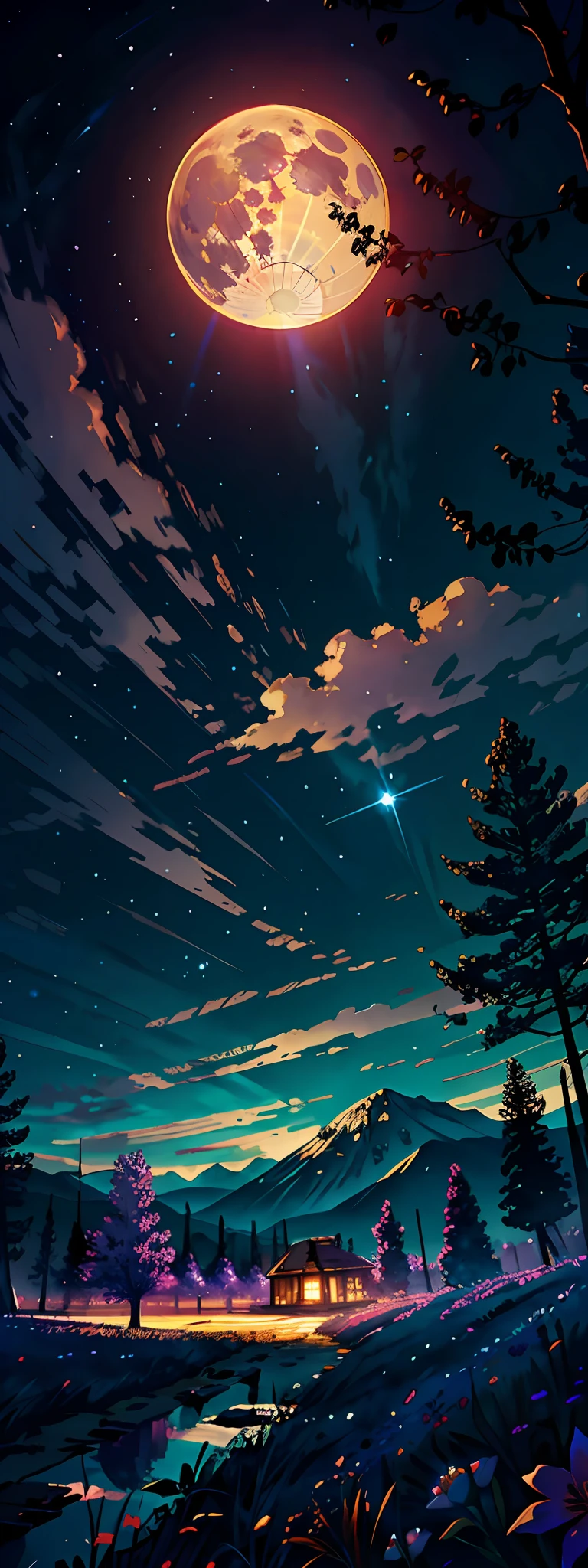 expansive landscape photography, (a view from below showing the sky above and the open field below), a field of flowers (full moon: 1.2), (shooting stars: 0.9), (nebula: 1.3), distant mountain, tree BREAK production art, (hot light source: 1.2), (Firefly: 1.2), lamp, very purple and orange, complex details, volumetric lighting BREAK (masterpiece: 1.2),  (best quality), 4k, ultra-detailed, (dynamic composition: 1.4), highly detailed color details (iridescent colors: 1.2), (bright lighting, atmospheric lighting), dreamy, magical, (solo: 1.2)