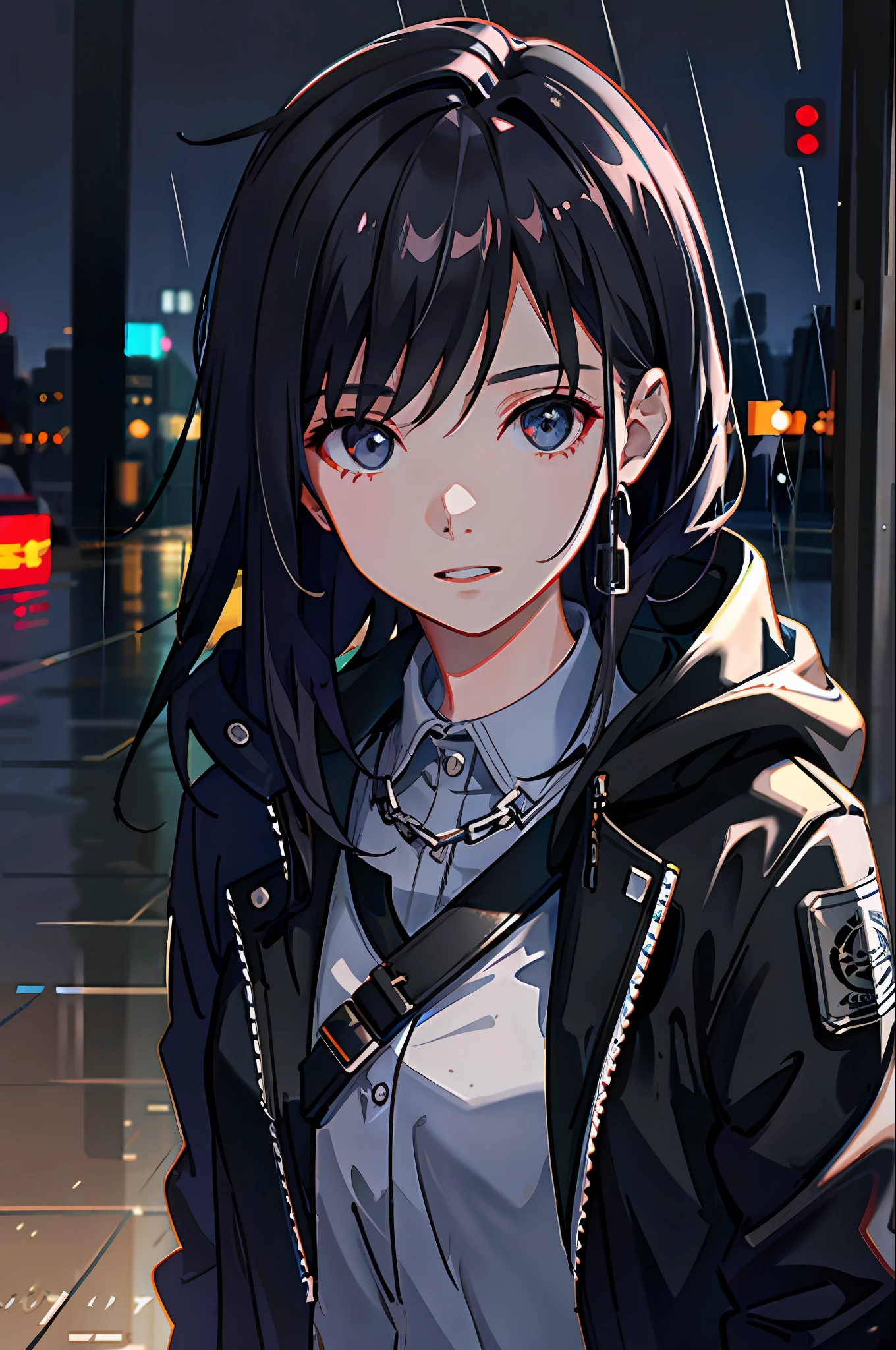 1girl, jacket, rain, outdoor, hoodie, open jacket, chain, backpack, looking at another, messy hair, trending on artstation, 8k resolution, highly detailed, anatomically correct, sharp image, digital painting, concept art, trending on pixiv, style of makoto shinkai,