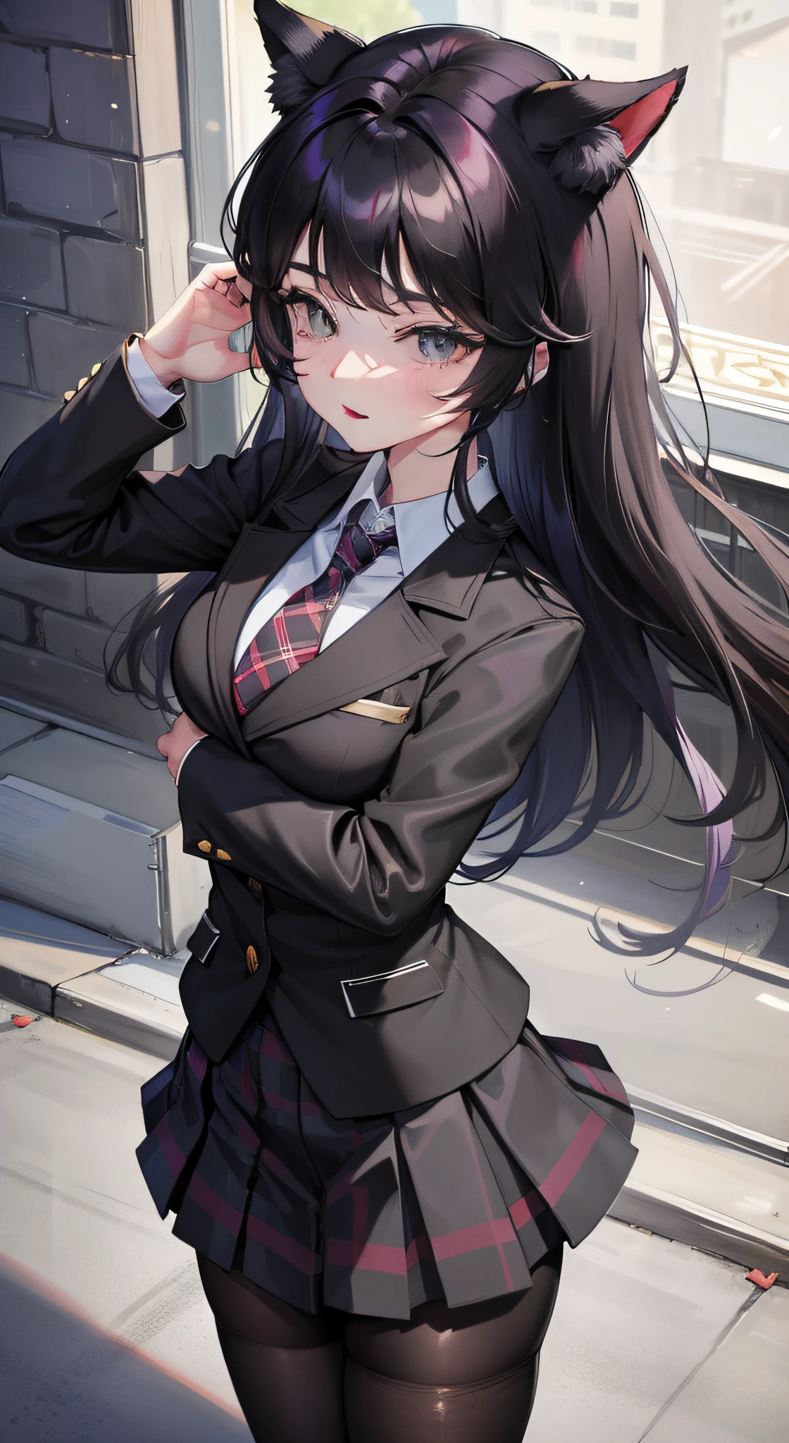 (Masterpiece, best quality: 1.2), solo, 1 girl, black belladonna, slight smile, shut up, look at the audience, cat ears, school uniform, black blazer, tie, plaid skirt, pantyhose