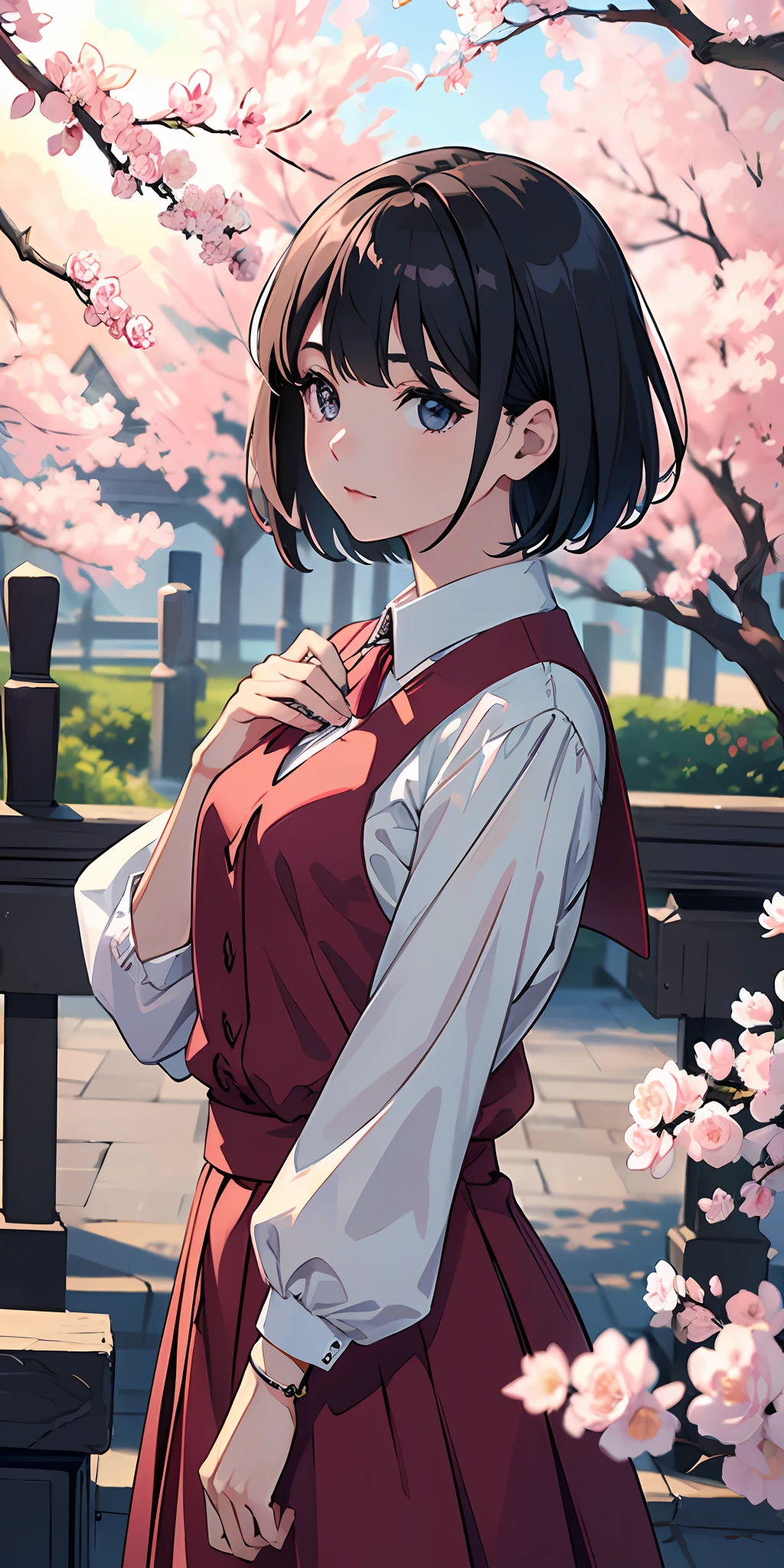 (8k best quality, masterpiece:1.2), (impeccable illustration desinger), (eye details:1.2), (delicate face and features), (extremely detailed background scenery 8k CG wallpaper), cinematic and artistic tones, soft and subtle pastel colors, in a beautiful environment and with rose petals flying with the Sakura tree wind, 1pretty girl with short hair stuck and with bangs,  wearing a school uniform, in an artistic and three-dimensional cinematic lighting.