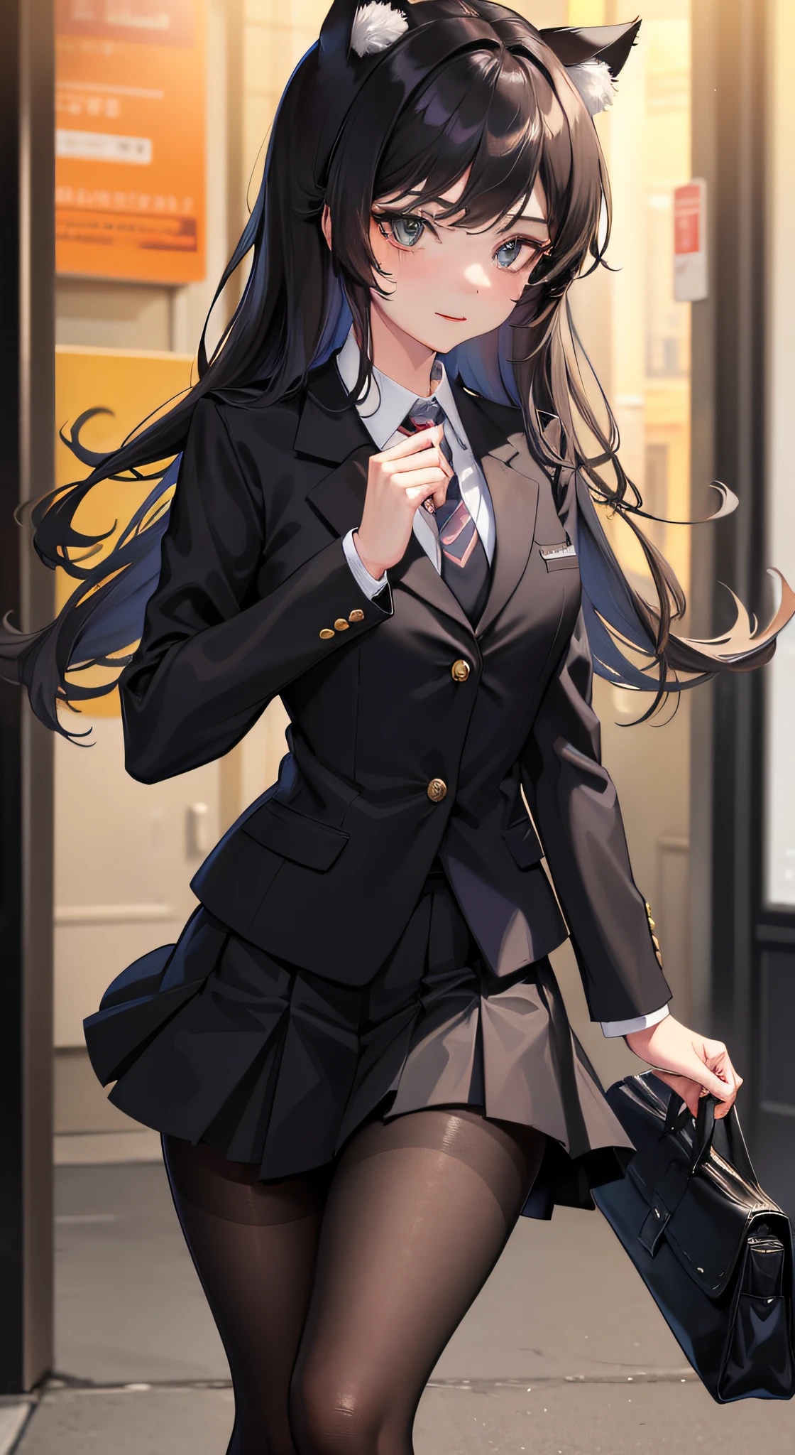 (Masterpiece, best quality: 1.2), solo, 1 girl, black belladonna, slight smile, shut up, look at the audience, cat ears, school uniform, black blazer, tie, plaid skirt, pantyhose