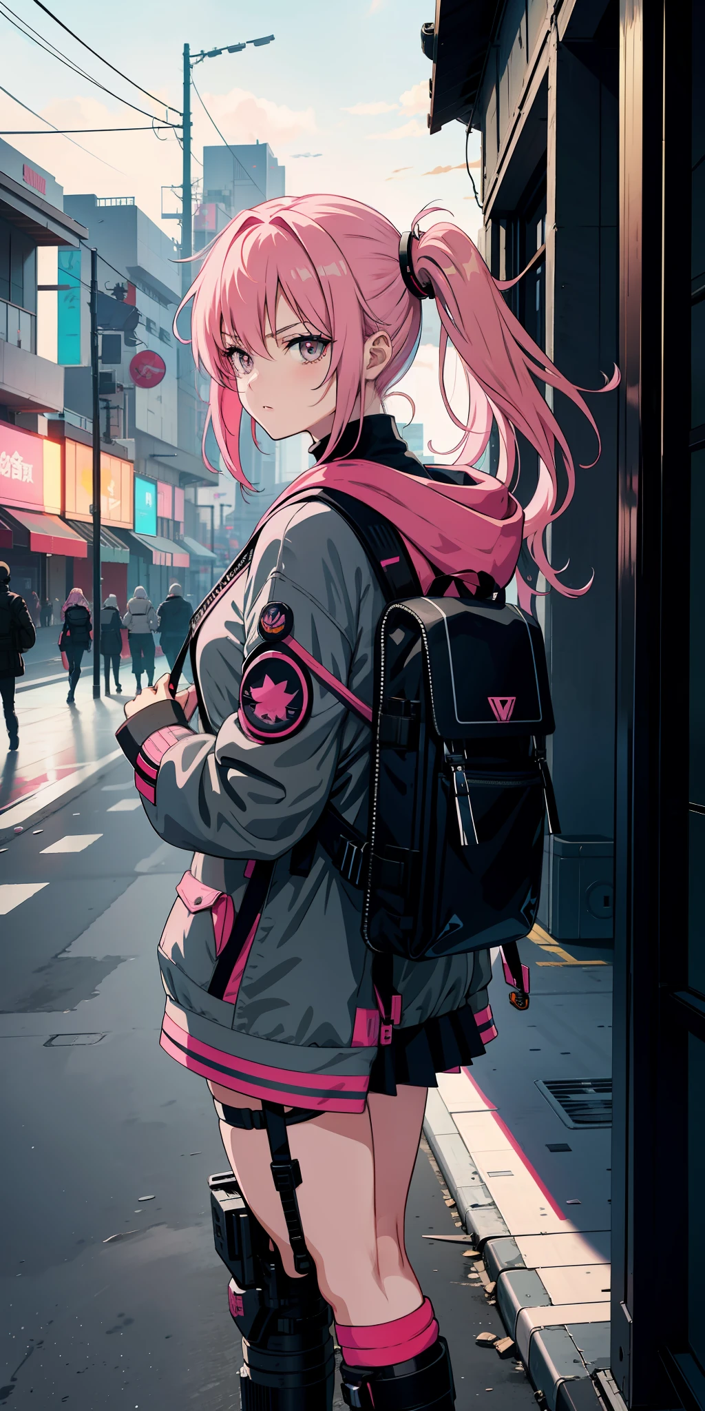 Anime girl with pink hair, military outfit, cyberpunk style, serious look, gray eyes, tactical backpack, airplanes in the background