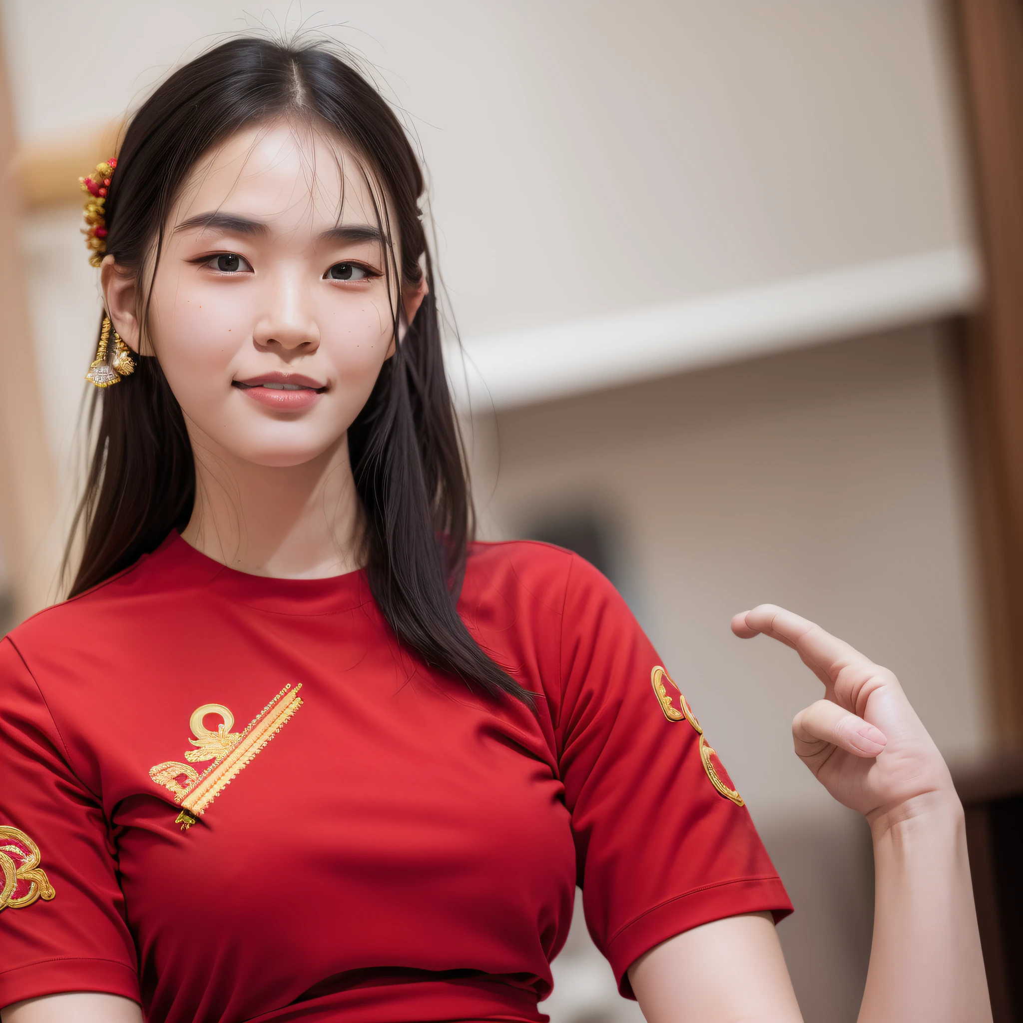 32k, best quality, masterpiece, realistic, ultra detail, photography, HDR, ROW photo, highres, absurdres, smooth light, official art, depth of field, close-up, slender, finely detailed face, smile, beautiful details eyes, 19years old korean, pretty, best quality real texture skin, Red t-shirts, with headband