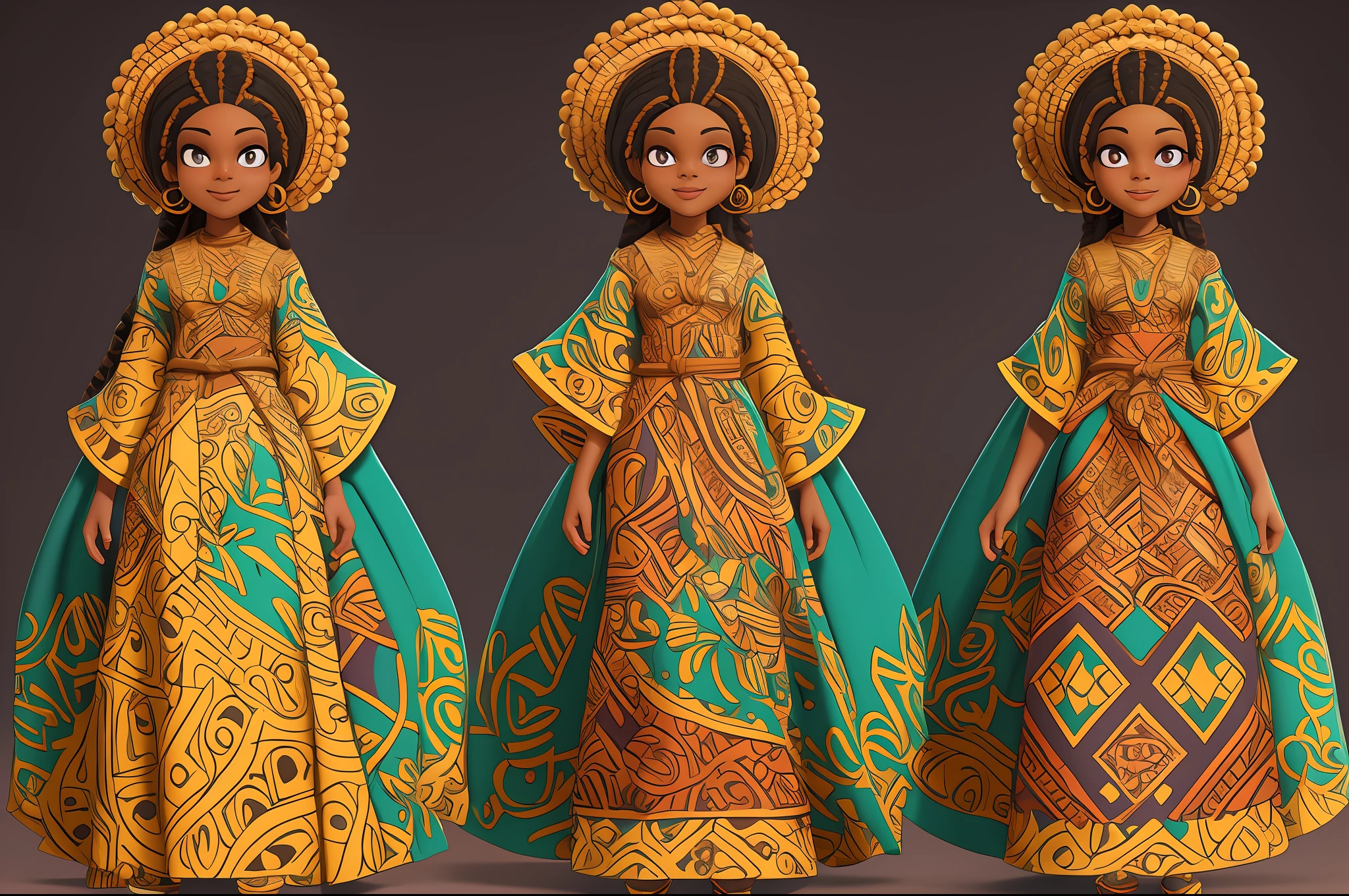 final art of a body head bahian afro brazilian girl,with braids and with african gown clothing,arms crossed,smiling looking with brown eyes deelhado high quality character design, character design art, children's art in 3d rendering, highly detailed character design, cartoon concept art, character design, professional character design, character design concept art, colorful concept art design illustration, character concept art, stylized character design, [ character design