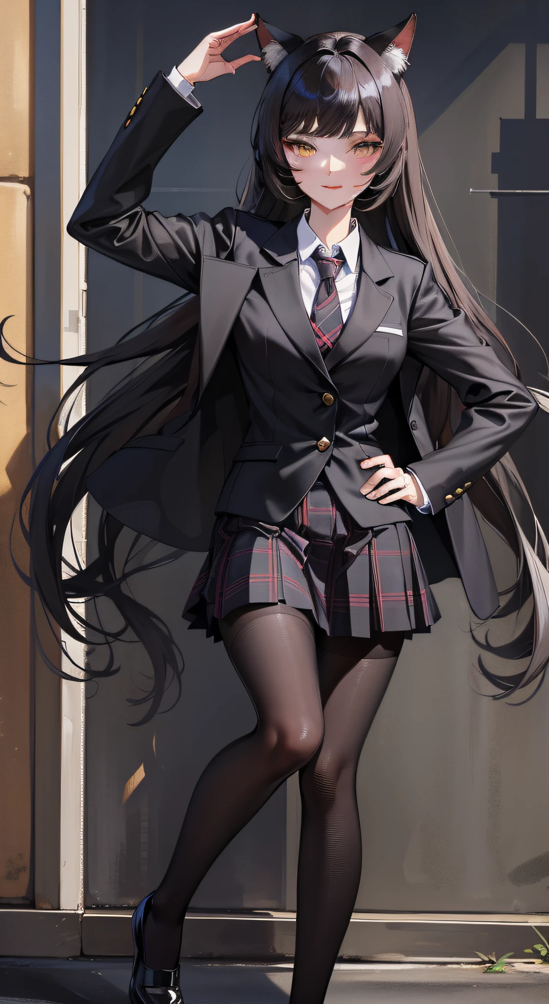 (Masterpiece, best quality: 1.2), solo, 1 girl, black belladonna, slight smile, shut up, look at the audience, cat ears, school uniform, black blazer, tie, plaid skirt, pantyhose