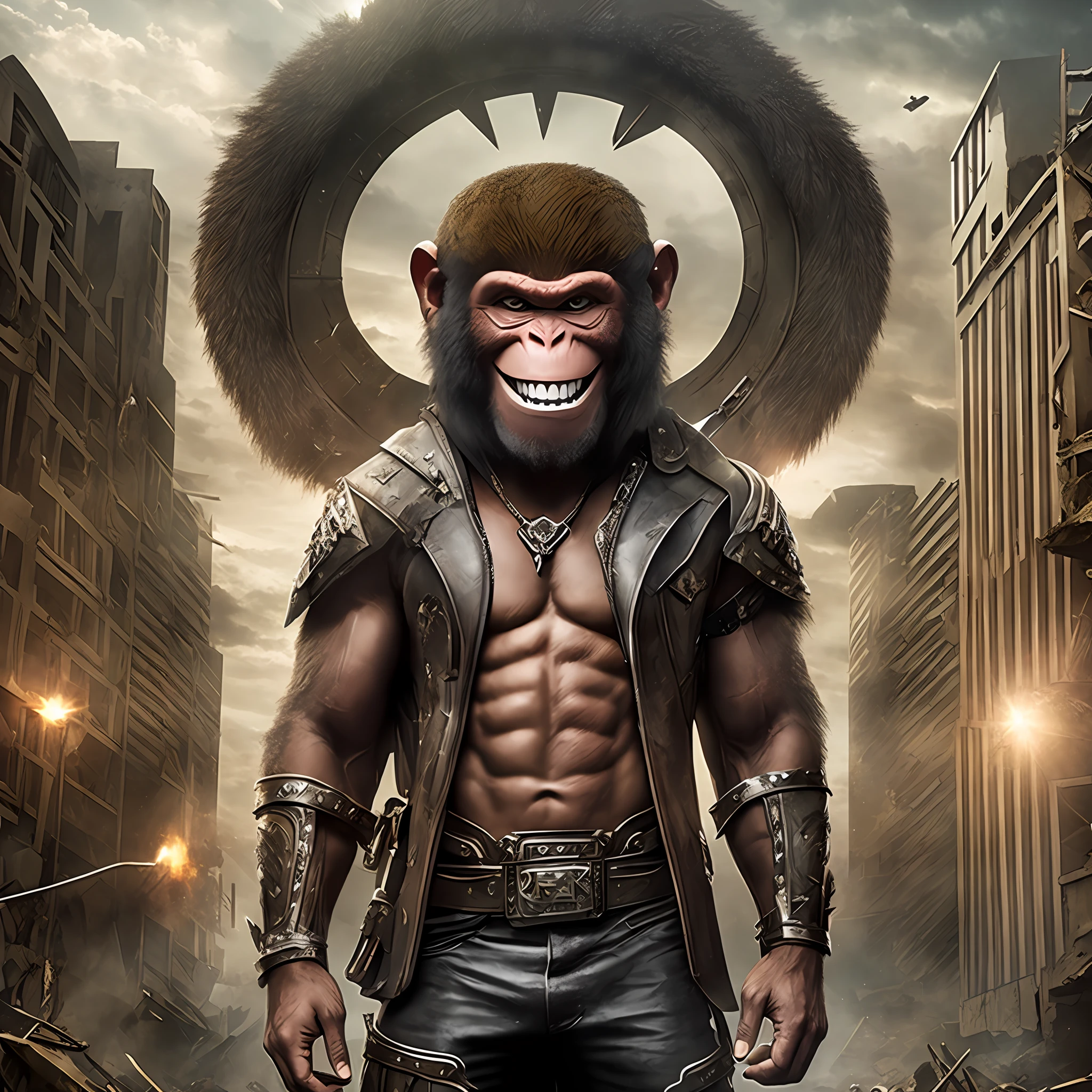 Smiling baring his teeth, Apocalypse Monkey.