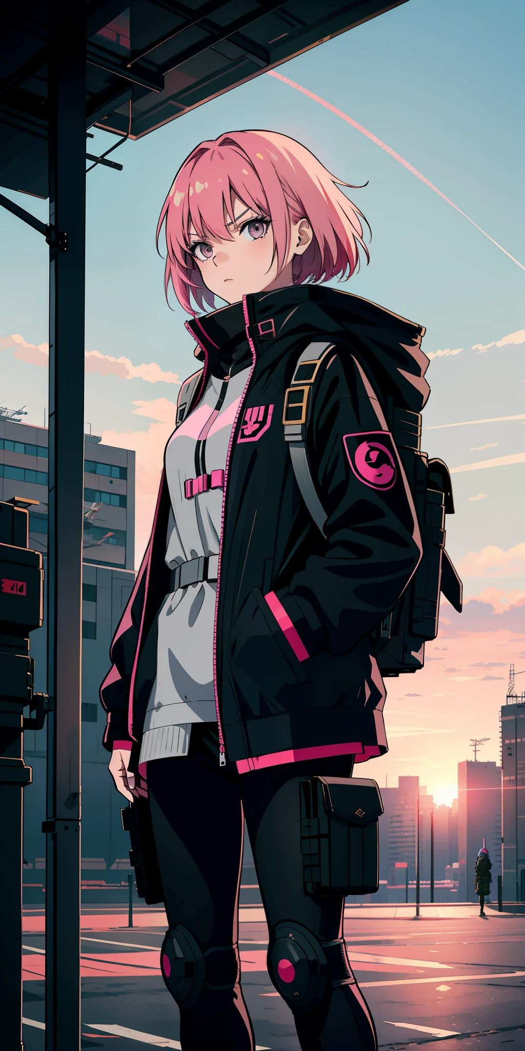 Anime girl with pink hair, military outfit, cyberpunk style, serious look, gray eyes, tactical backpack, airplanes in the background