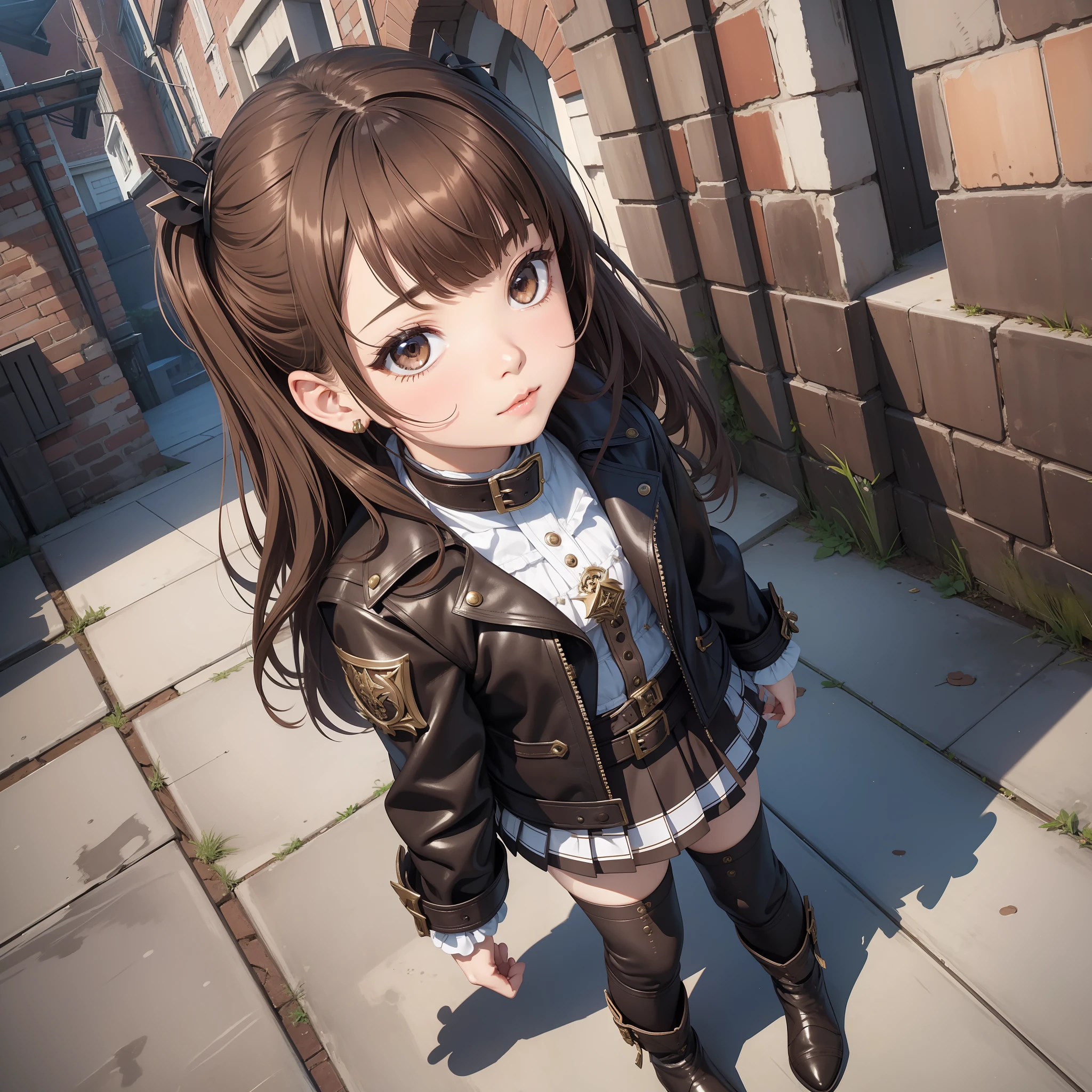masterpiece, best quality, 1girl, child, female focus, solo, brown hair, vibrant brown eyes, looking at viewer, High quality metal texture, closed mouth, bangs, high collar,(kbxll:0.6), Fantasy aesthetics, Highly detailed, shadowverse style, full body, leather jacket