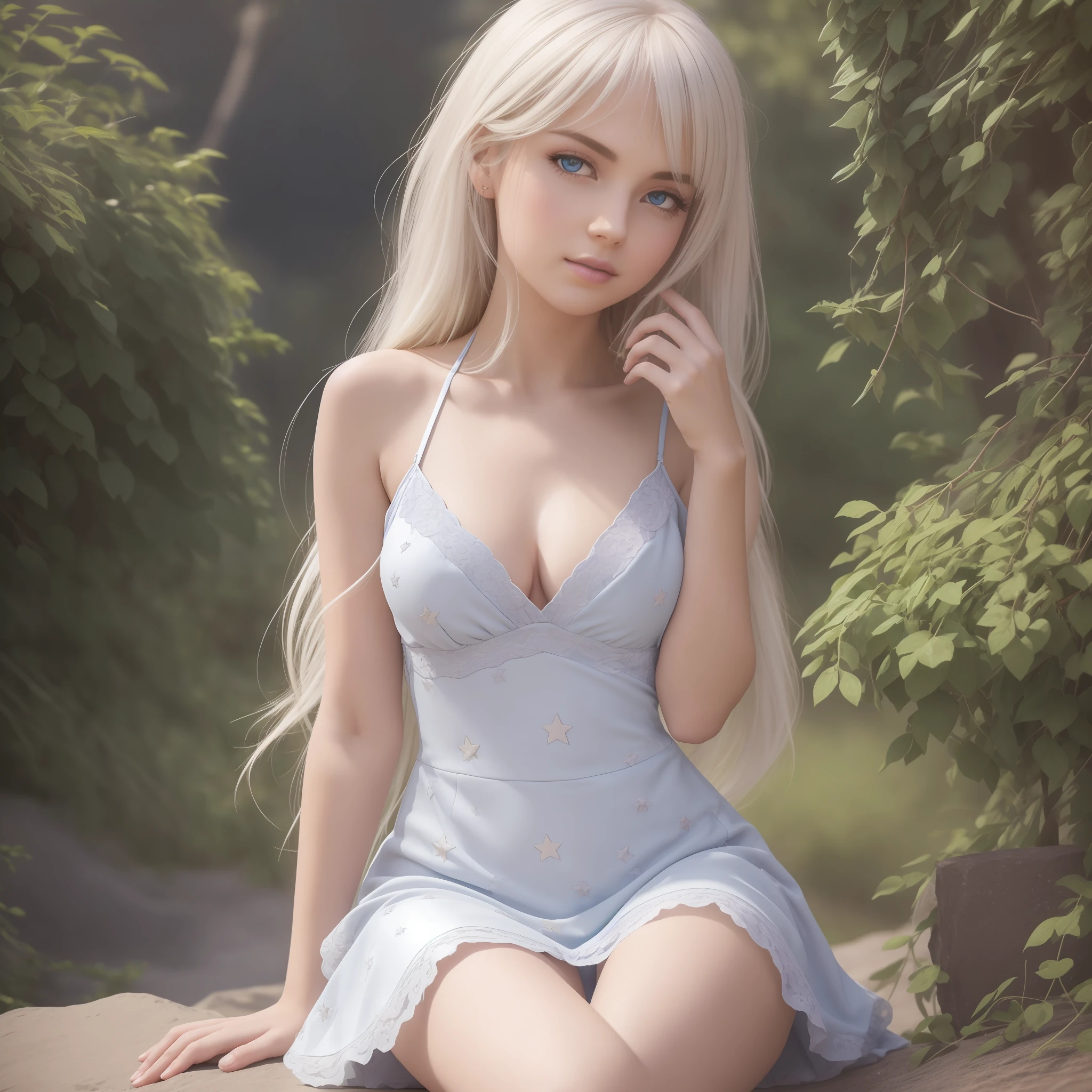 Original characters, natural volumetric lighting and the best shadows, tight dress, deep depth of field, sharp focus, incredibly beautiful short girl portrait, beautiful and delicate and attractive face with seductive blue eyes, adorable small breasts, crisp eyeliner, windswept shaggy white hair, medium hairstyles in thick layers, blush eyeshadow with thick eyelashes, half-open lips,  Gorgeous school suit, (sitting on the moon/stars/clouds stamped lovely stone: 1.2), (highest quality, amazing details: 1.4), masterpiece, flower, picturesque and bright colorful paintings