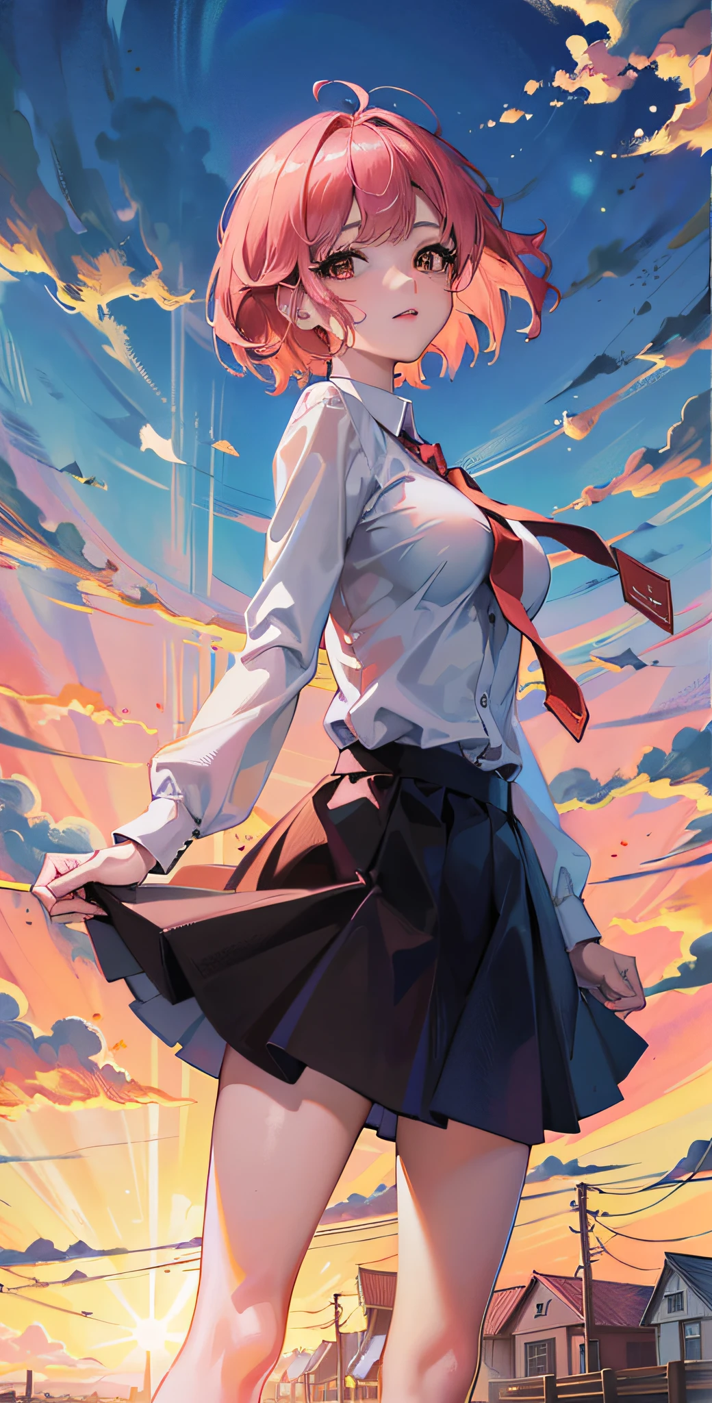 (White blouse: 2.0), sunrise, smile, (brown eyeballs: 1.9), plump style, (cute pose: 1.8), (dark blue skirt: 1.9), (red tie without pattern: 1.7), good style, (big breasts), masterpiece, , high image quality, high resolution, left and right balance, 8 heads, 28 years old, medium short hair with pink hairPortrait of an anime girl, precision digital animation art, beautiful anime portrait, 4k, anime style, detailed portrait of an anime girl, , I portrait style, , cute anime girl, portrait, digital anime illustration, 16k, UHD, masterpiece, top quality