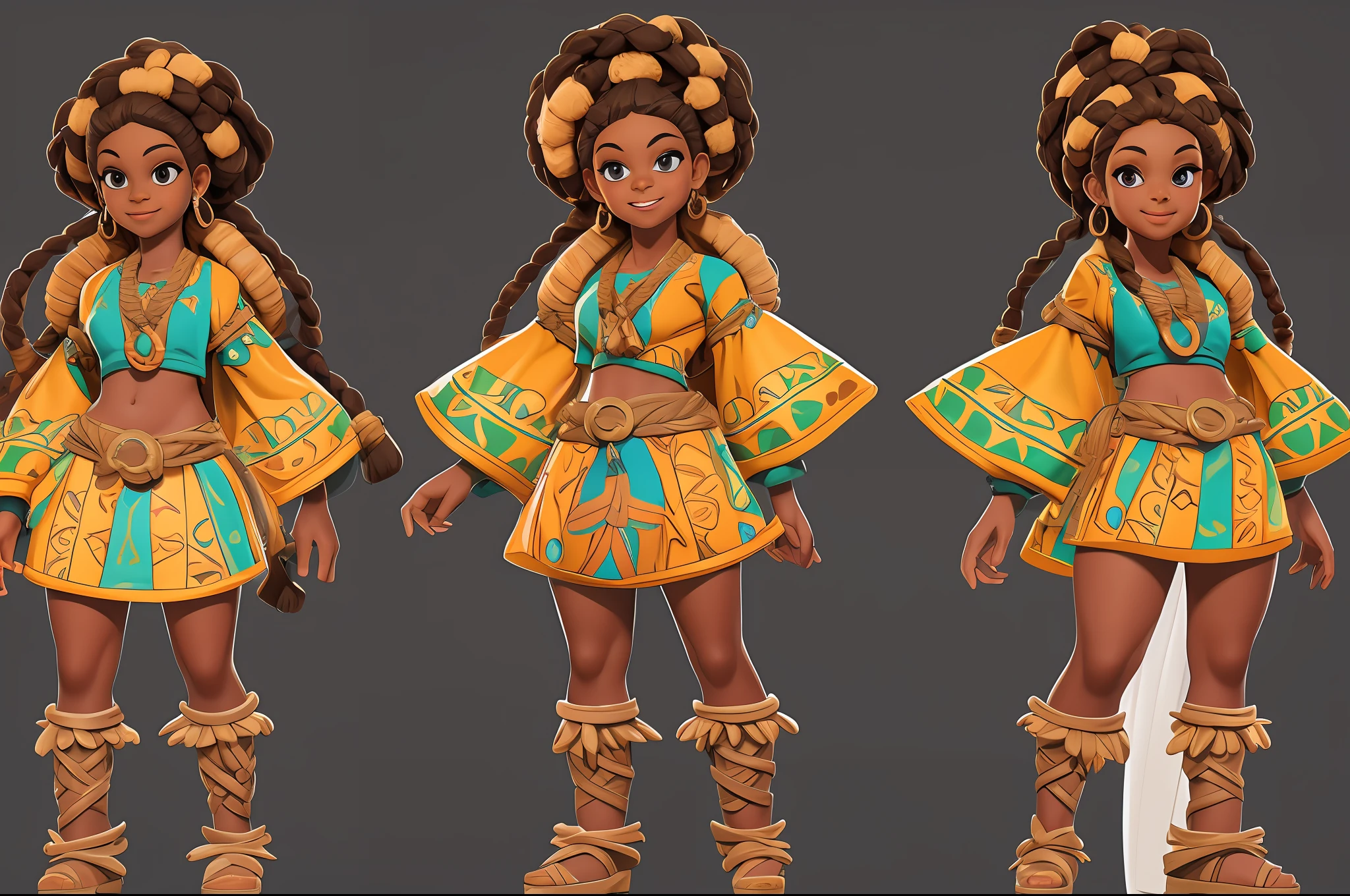 final art of a body head afro brazilian bahian girl,with braids and with hair clothing,arms crossed,smiling looking with brown eyes dished high quality character design, character design art, children's art in 3d rendering, highly detailed character design, cartoon concept art, character design, professional character design, character design concept art, colorful concept art design illustration, character concept art, stylized character design, [ character design