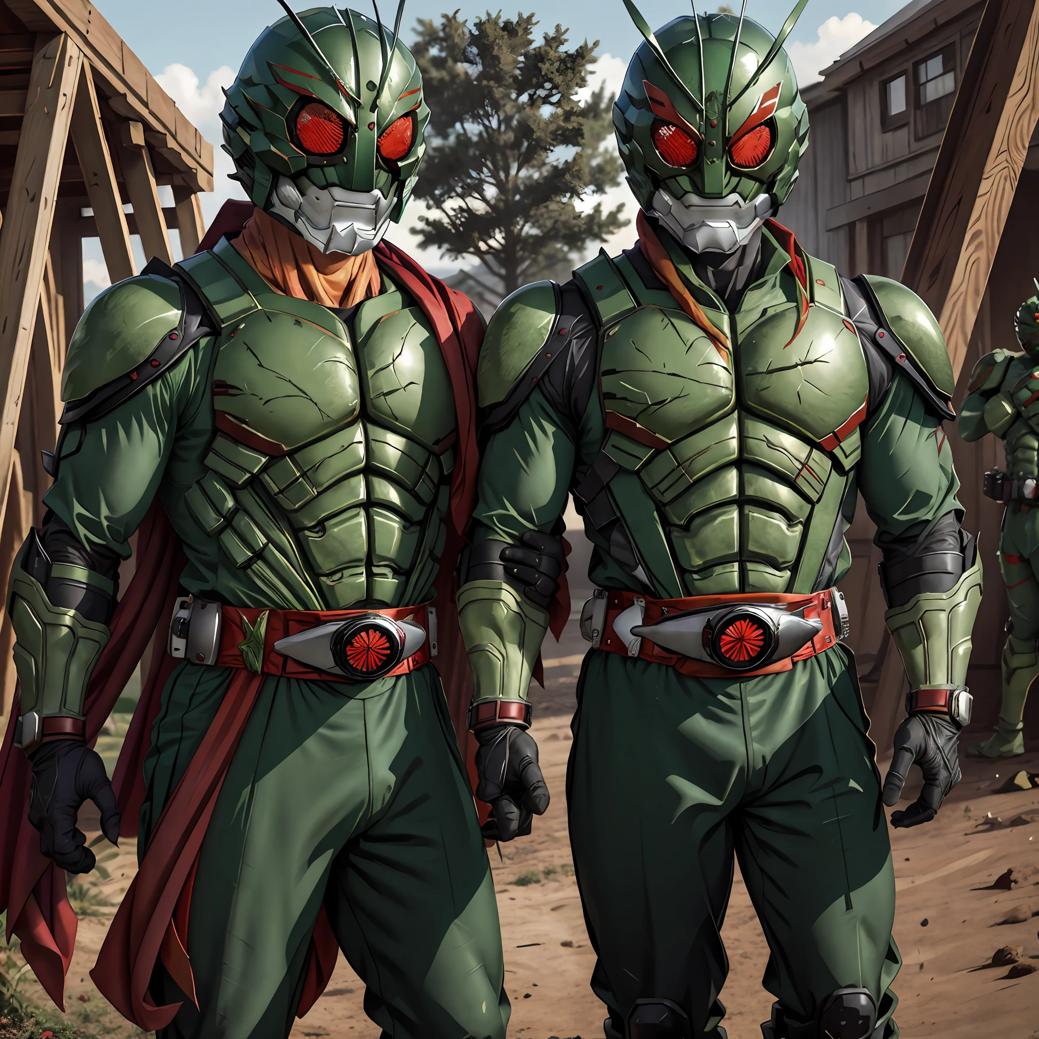 masterpiece, highest quality, illustration, green bodysuit, red scarf, mask, helmet, tokusatsu, belt, Dark green combat uniform, Grasshopper mask, solo, full body,