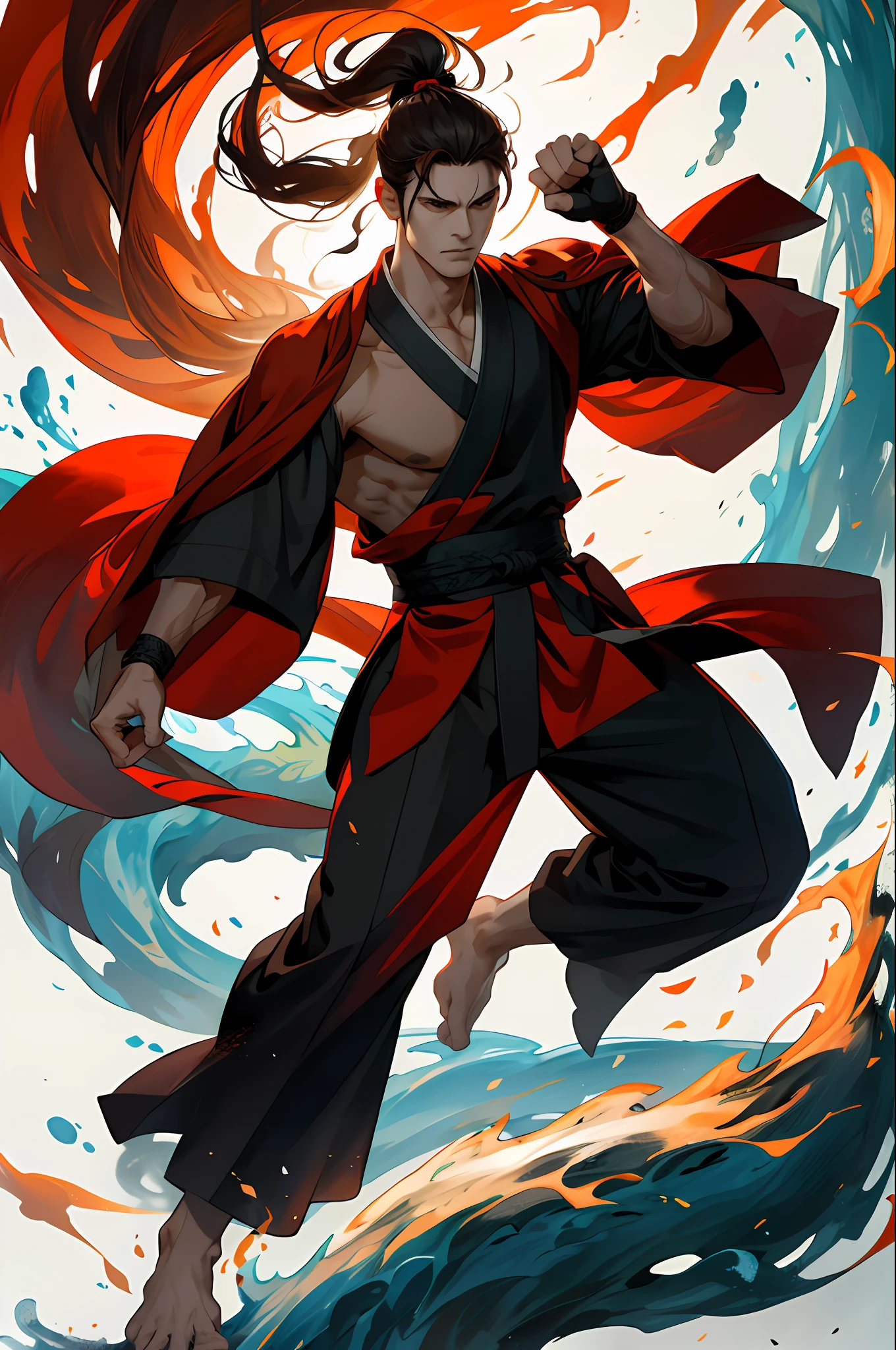 (Absurd, intricate details, masterpiece, best quality, high resolution, 8k), 1 male, mature, handsome, tall muscular man, broad shoulders, ponytail hair, dark brown eyes, fine eyes and detailed face, behind him is a huge water element, (style swirl magic: 0.7), (full body: 0.6), (Chinese fantasy theme: 1.1), hair fluttering in the wind, martial artist, dynamic pose, combat stance, clenched fists, fingerless gloves, wristbands, dragon-themed costumes, monk robes, Bamboo forest in background, rotating floating particles, dynamic composition, mysterious oriental medieval atmosphere, depth of field, visual effects.