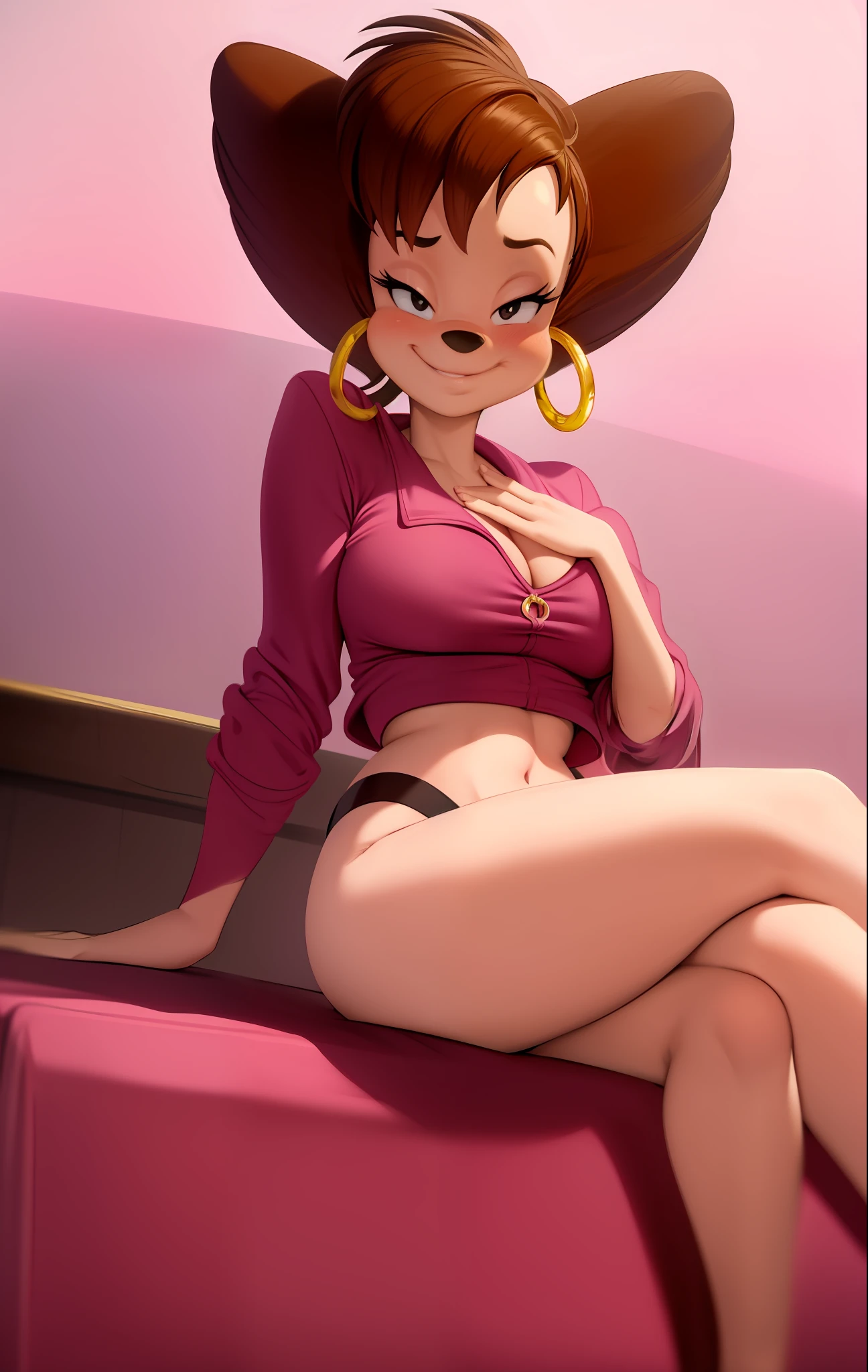masterpiece, best quality, one girl, solo, detailed face, looking at the viewer, black eyes, gold hoop earrings, 4 fingers,  smile, detailed skin texture, (blush: 0.5), (goosebumps: 0.5), subsurface scattering, detailed skin texture, (blush: 0.2), (goosebumps: 0.3),  expression, portrait, pink crop shirt,  teasing, high resolution, detailed bedroom background, detailed tummy black nose,  sfw, goof troop, Disney, character, anthro, detailed fingers, blush, sitting, flirty pose, kiss, pink panties, hands between legs, glass of milk in right hand, jacket raised on the , detailed between legs, midriff