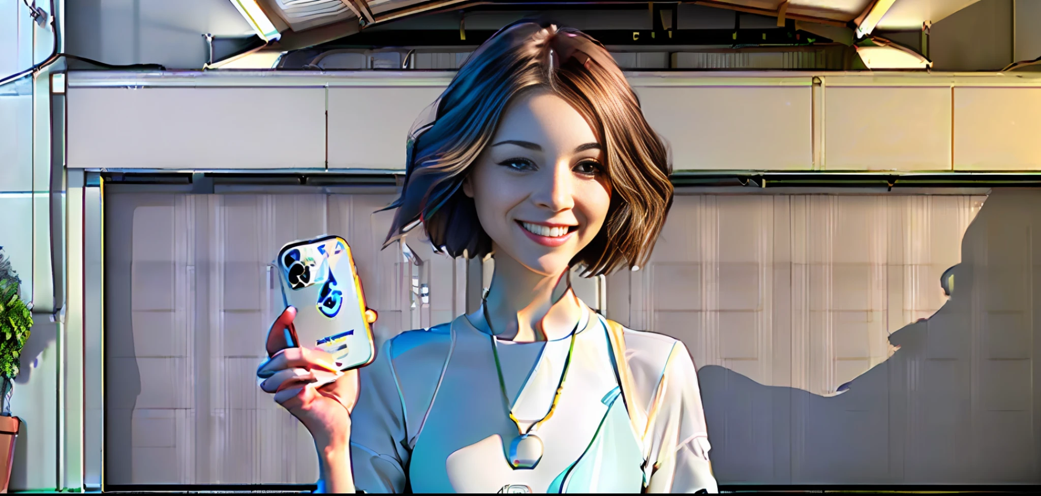 Stilo Dreamlikeart:1),(Redshift style:1.2), (white modern clothing style, with simple blouse, businesswoman ((appearing the whole body)), (Matrix style).

[Chloe Grace Moretz| Kristin Kreuk], ((in a warehouse (((in the garage with a large VAN appearing whole and with the bags open))) and standing behind the van,)), (((ultra hd quality, hyper-reslista, image quality of an iphone 14 pro max, focus and shadows with ultra ambient quality)))), wearing white shoes, smiling, cheerful, holding a box in her hand,  company clothes, luxury office, focus, smile, well dressed, brown hair.