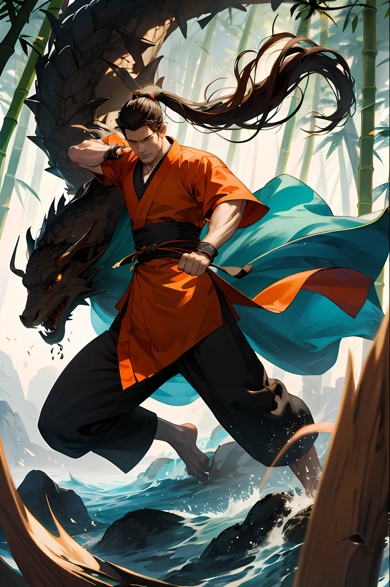 (Absurd, intricate details, masterpiece, best quality, high resolution, 8k), 1 male, mature, handsome, tall muscular man, broad shoulders, ponytail hair, dark brown eyes, fine eyes and detailed face, behind him is a huge water element, (style swirl magic: 0.7), (full body: 0.6), (Chinese fantasy theme: 1.1), hair fluttering in the wind, martial artist, dynamic pose, combat stance, clenched fists, fingerless gloves, wristbands, dragon-themed costumes, monk robes, Bamboo forest in background, rotating floating particles, dynamic composition, mysterious oriental medieval atmosphere, depth of field, visual effects.