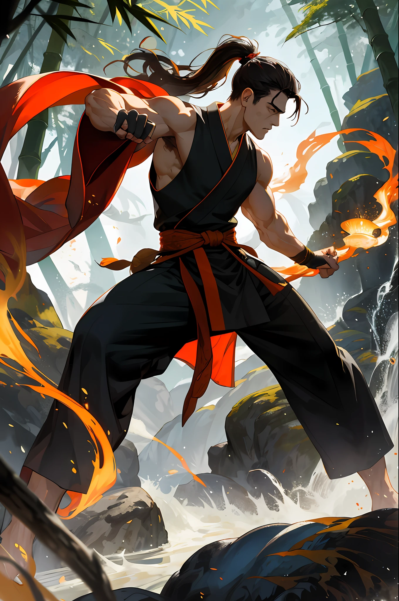 (Absurd, intricate details, masterpiece, best quality, high resolution, 8k), 1 male, mature, handsome, tall muscular man, broad shoulders, ponytail hair, dark brown eyes, fine eyes and detailed face, behind him is a huge water element, (style swirl magic: 0.7), (full body: 0.6), (Chinese fantasy theme: 1.1), hair fluttering in the wind, martial artist, dynamic pose, combat stance, clenched fists, fingerless gloves, wristbands, dragon-themed costumes, monk robes, Bamboo forest in background, rotating floating particles, dynamic composition, mysterious oriental medieval atmosphere, depth of field, visual effects.