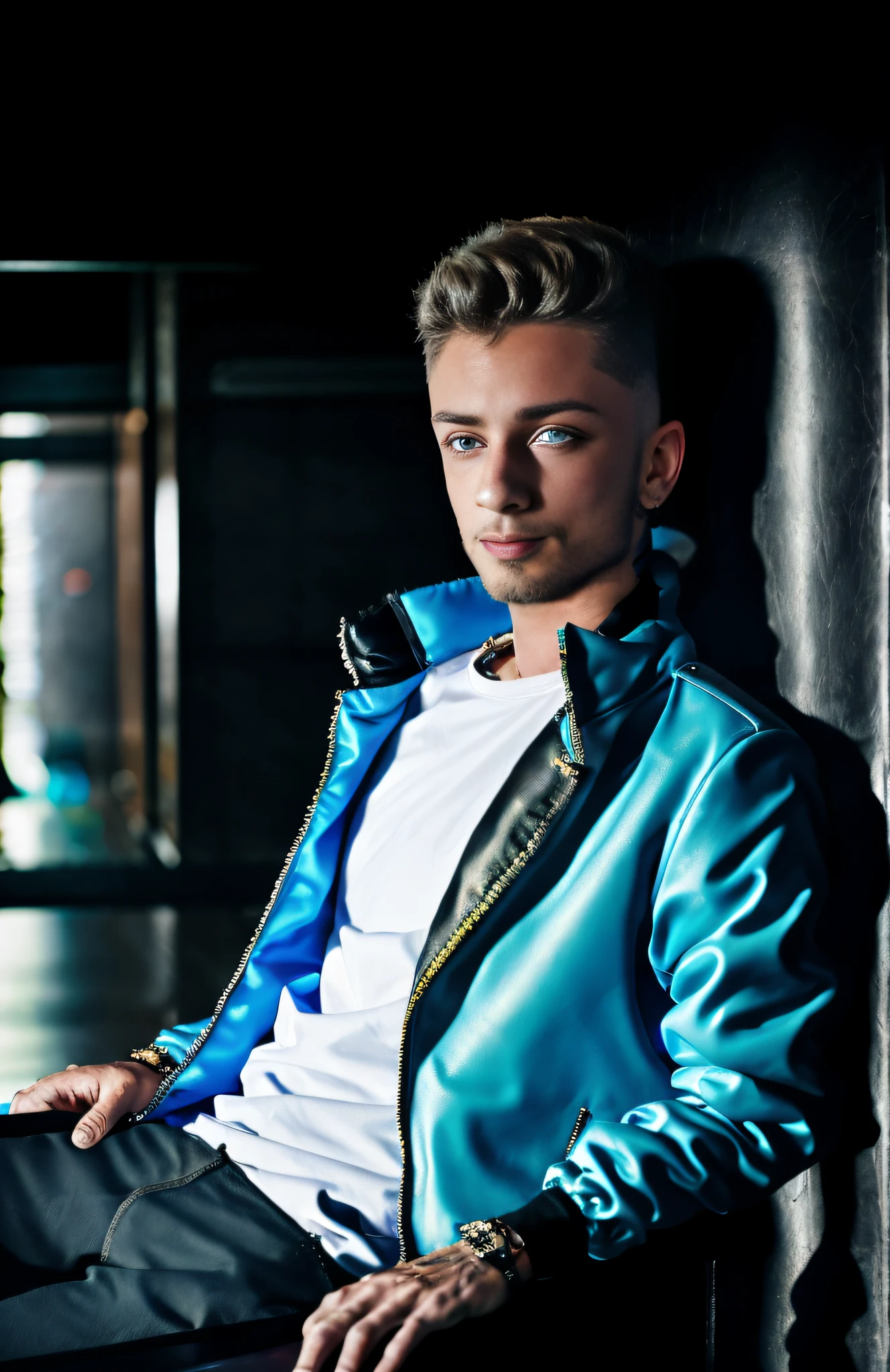 cyberpunk portrait photograph, of chrisbrigido, thin young man, beard, blonde hair (chrisbrigido:1.2) looking out of camera in bright futuristic jacket, futuristic props, super realistic face, bright blue eyes highlighted, proper eye position, detailed skin texture, soft light, rim light, futuristic background with neon lights, detailed background, intricate, highly detailed,  octane render, HD, 8k, by Annie Leibovitz, 120mm