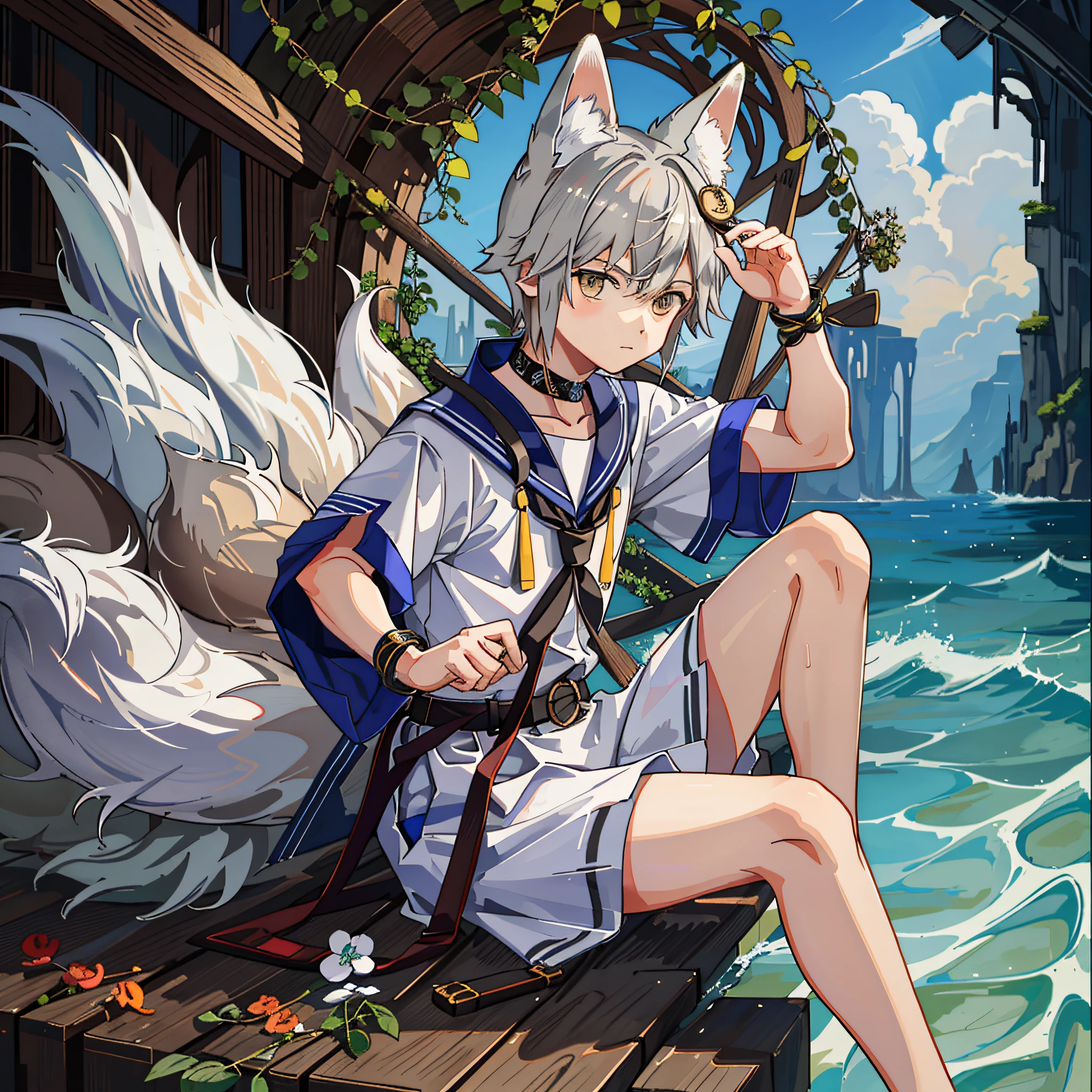 1boy, nine tails, (fox ears), (fox tail), gray hair, sailor suit, pose confident and cool,  boy, (dynamic angle), seaside