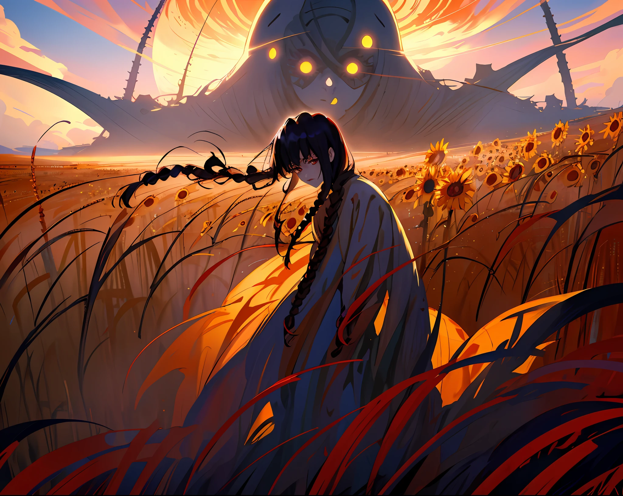 a beautiful young girl with red braids, anime, full body, horror, broken, sunflower field, distorted, sky, fog, smoke, dust, blasphemous God from the Outer Universe, shadow creatures, Junji Ito, beautiful gradation, masterpiece, ultra high res, high quality, cinematic lighting