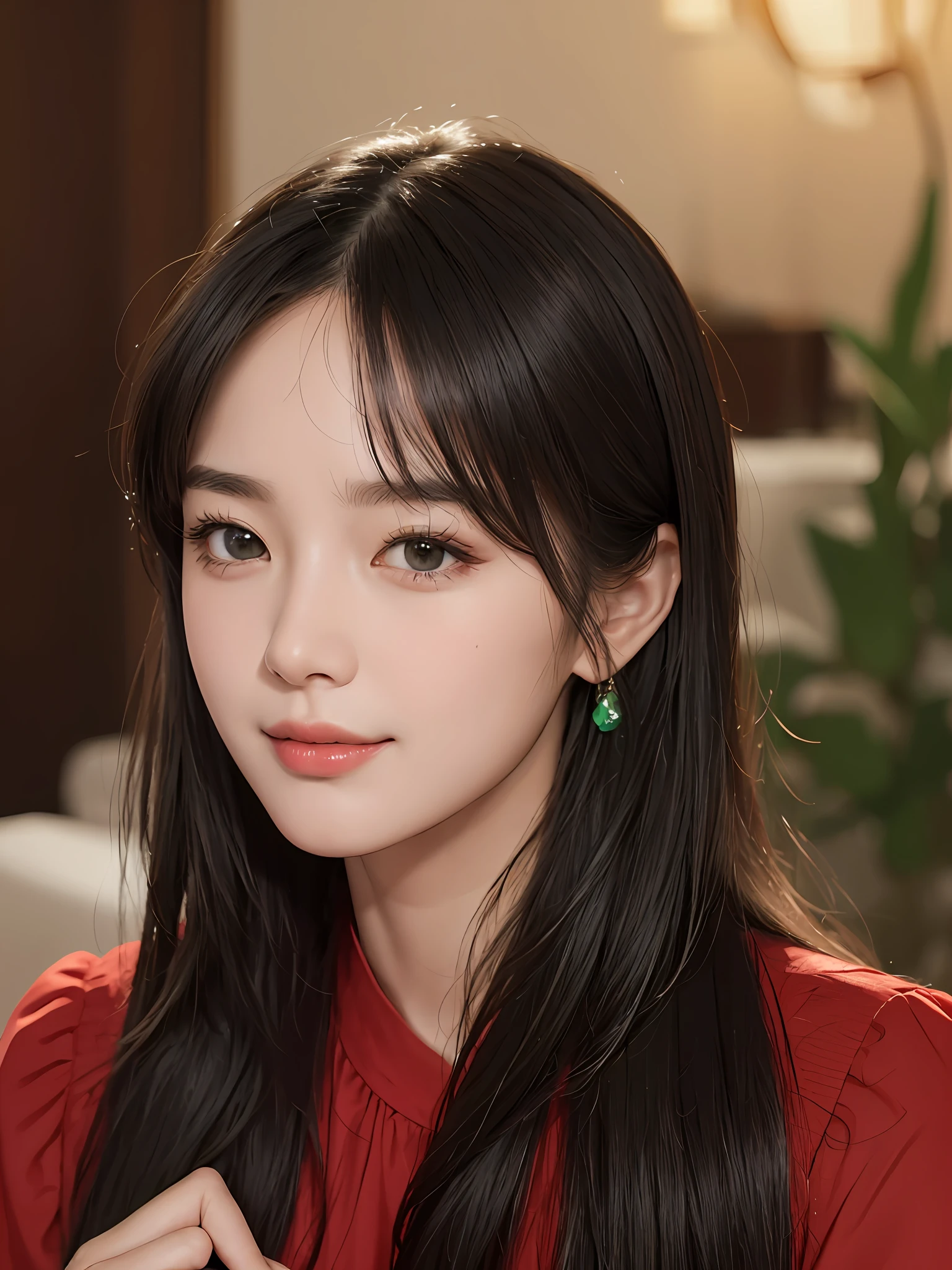 Masterpiece, best picture quality, high quality, beautiful woman, Japanese, popular Korean makeup, detailed, swollen eyes, detailed eyes, detailed skin, beautiful skin, ultra high resolution, (reality: 1.4),very beautiful, slightly younger face, beautiful skin, slender, (ultra realistic), (illustration), (high resolution), (8K), (very detailed) (best illustration), (beautifully detailed eyes), (super detailed), (wallpaper), (detailed face), looking at viewer, fine details, detailed face, pureerosfaceace_v1, smiling, looking straight ahead, looking straight ahead, angle from waist up, realistic photo, bright lighting, professional lighting, black hair (some of hair part green), long hair, dark ruins, big red moon, gorgeous red and black dress (ruffled), mature woman, long stylish bangs,