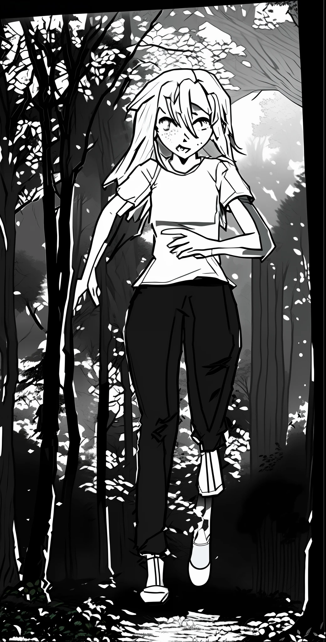 a cartoon of a woman in a white shirt and pants in the forest, walking standing in a forest, enjoying a walk in the forest, standing in the forest, standing in the forrest, in front of a forest background, adult animation shaded cell, walking in the forest, black and white manga panel, the anime girl is running, Standing in a forest,grey,black,white