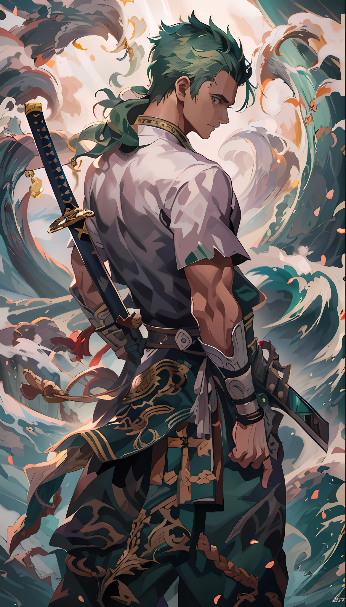 a close up of a person holding a sword in front of a wave, handsome guy in demon slayer art, anime epic artwork, detailed anime character art, clean detailed anime art, makoto sinkai, detailed digital anime art, roronoa zoro, the sea and storms behind him, rob rey and kentaro miura style, 4 k manga wallpaper