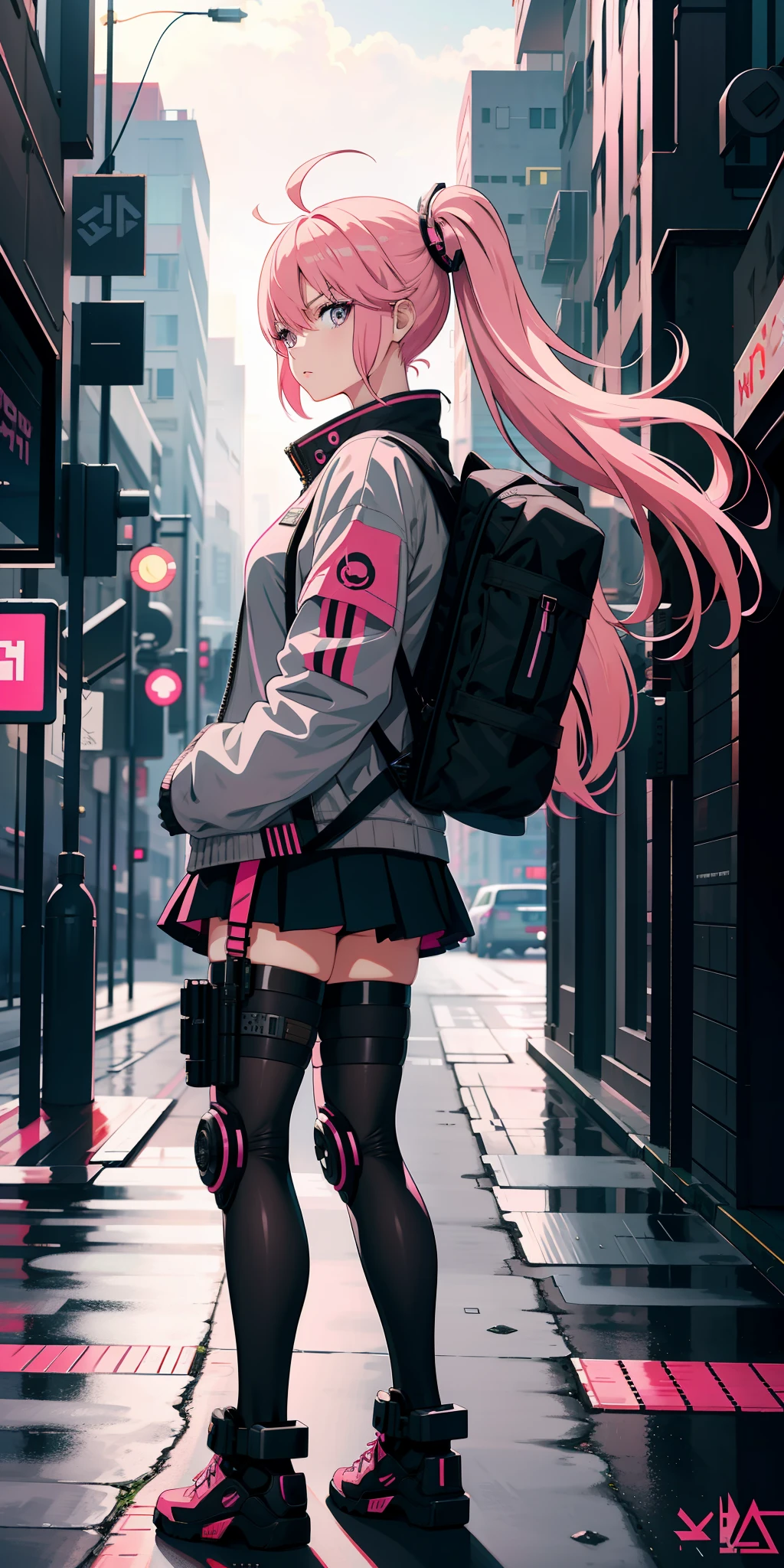 Anime girl with pink hair, military outfit, cyberpunk style, tech outfit, serious look, gray eyes, tactical backpack, city in the background, blur