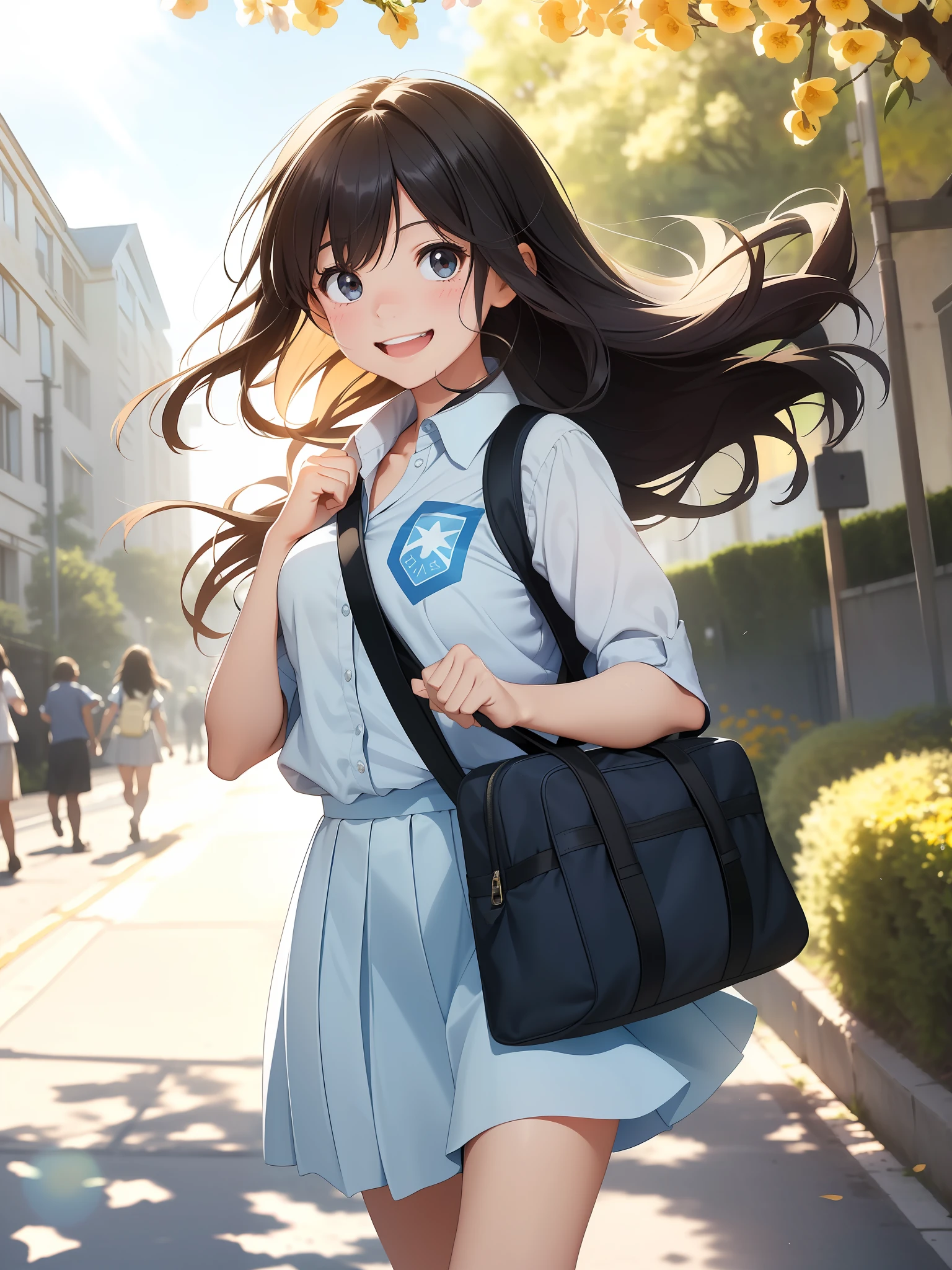 (On a bright spring day (day:1.0), under the clear blue sky (sky:1.0),
BREAK
a high school girl walks with her hair dancing lightly in the wind (hair:1.0). The image is softened at the edges, capturing the youthful and vibrant essence of the scene.
BREAK
Her smile, rendered in soft focus, illuminates the surroundings (smile:1.0) and her school bag symbolizes her passion for learning (school bag:1.0).
BREAK
Each stride she takes is full of energy (stride:1.0), and her light laughter rings through the air (laughter:1.7), encapsulated perfectly with the soft focus technique.
BREAK
The background is slightly blurred, emphasizing her in this springtime scene.
:1.2)