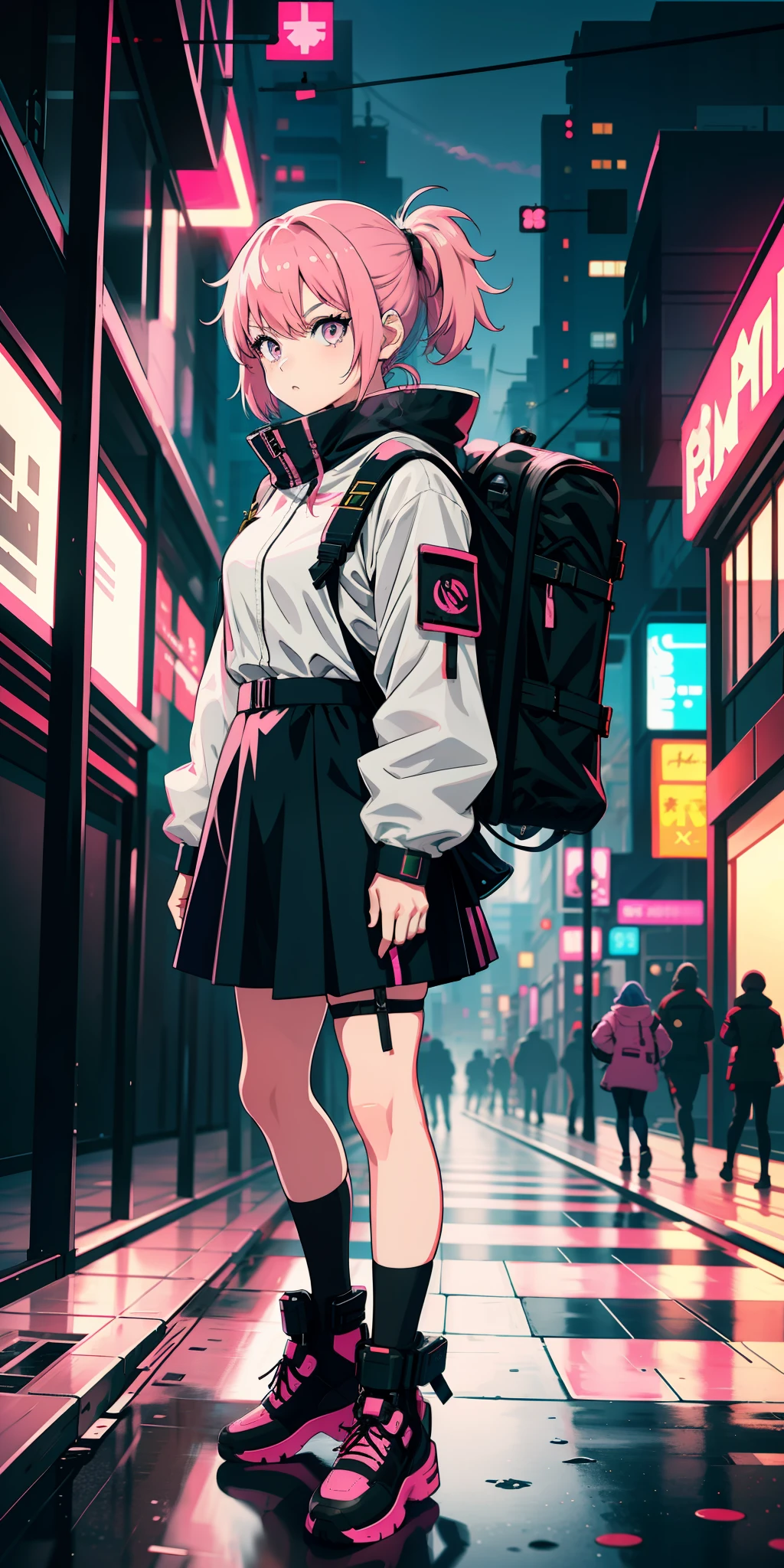 Anime girl with pink hair, military outfit, cyberpunk style, tech outfit, serious look, gray eyes, tactical backpack, city in the background, blur