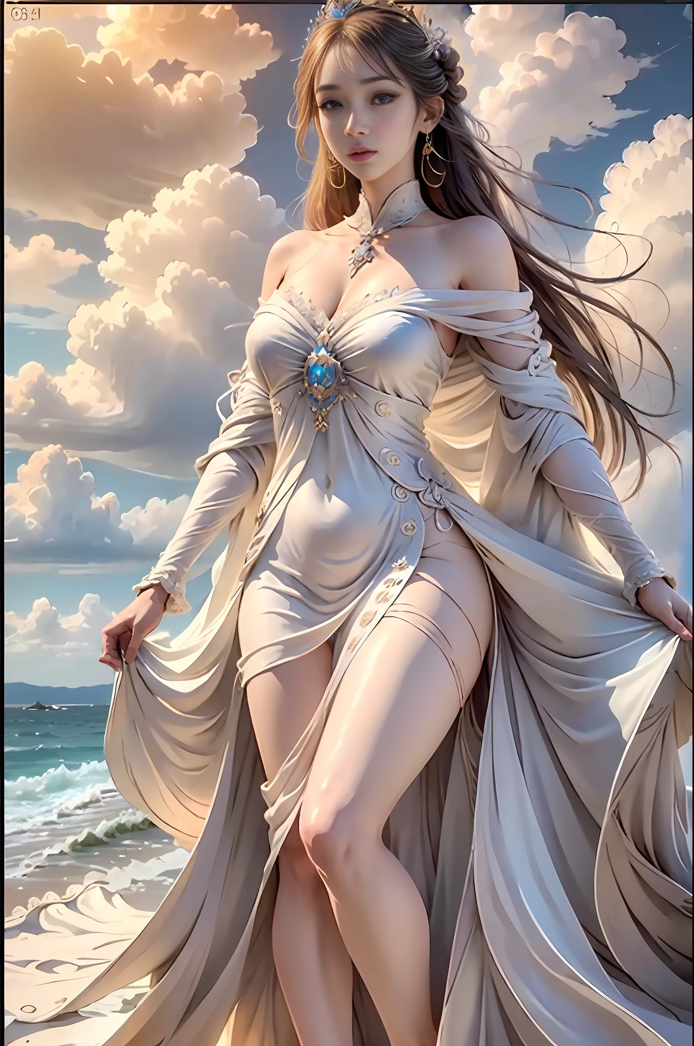 (8k, RAW photo, photorealistic:1.4) ,( lip gloss, eyelashes, glossy side, shiny skin, best quality, super high resolution, depth of field, chromatic aberration, caustics, special light, natural shadow, crown, Kpop idol), light pink and sky blue style, (real: 1.2), 1girl, (orange sky: 1.5), tall and thin beauty goddess, flowing dress, conservative girl, cloud goddess, flowing white fabric, Wearing a flowing dress, (blue sky and white clouds in the background: 1.4), (wind: 1.5), (full body: 1.5), nhjy, a white dress with a peacock on it