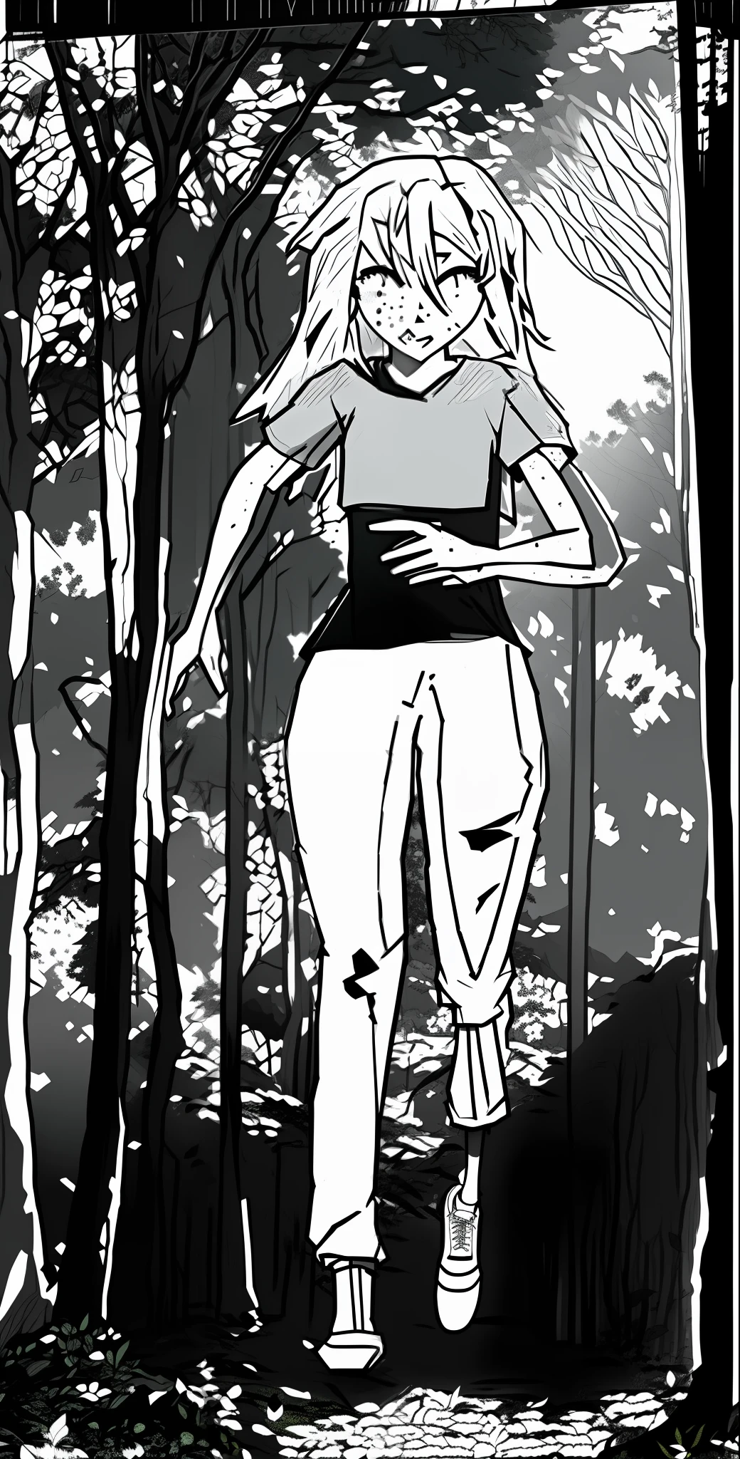 a cartoon of a woman in a white shirt and pants in the forest, walking standing in a forest, enjoying a walk in the forest, standing in the forest, standing in the forrest, in front of a forest background, adult animation shaded cell, walking in the forest, black and white manga panel, the anime girl is running,   Standing in a forest,grey,black,white