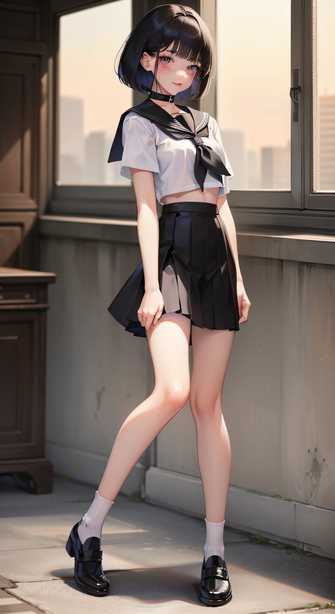 (Masterpiece), (Best Quality), (Ultra High Resolution), Realistic, NSFW, 1 Girl, (Slim Girl:1.0), (yo:1.0), Full Body, School Uniform, (Serrafo:1.3), (Black Sailor Collar:1.0), Short Sleeves, (Black Skirt), (:1.0), (Narrow waist), White shy skin, (Black Bob cut: 1.3), (Hair behind the ear: 1.3), (Hair: 1.3), Beautiful dark eyes, (Beautiful face: 1.1), (Face Focus: 1.3), (Seductive Smile: 1.1), (Blush: 1.3), (Split Lips: 1.0), (Standing), (Looking at the Audience: 1.0), Soft Lighting, Summer, (In the classroom: 1.0),