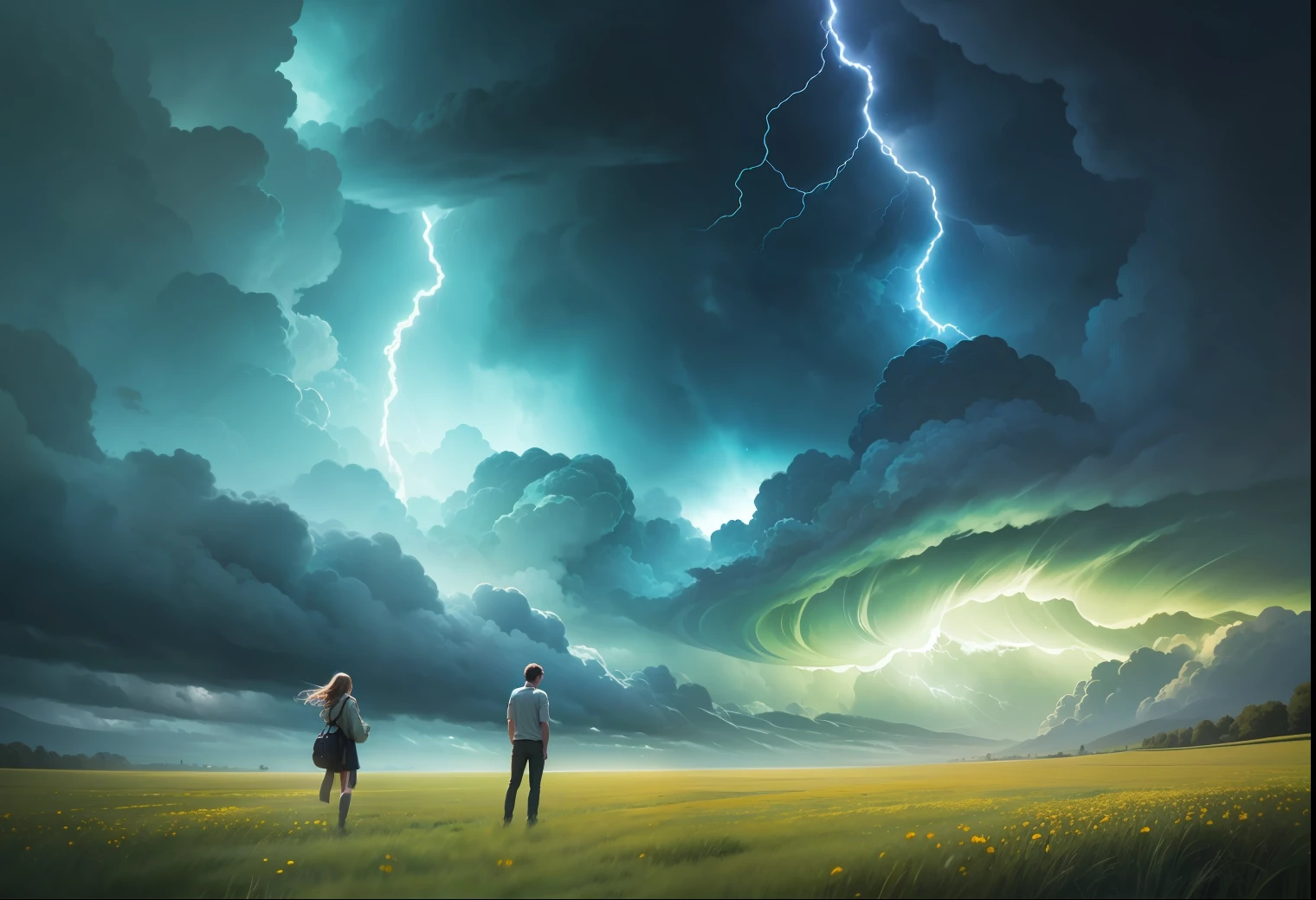 Green meadows, cloudy sky, fierce storms, huge whirlpools, young people looking up at the sky illuminated by light, real picture quality --auto --s2